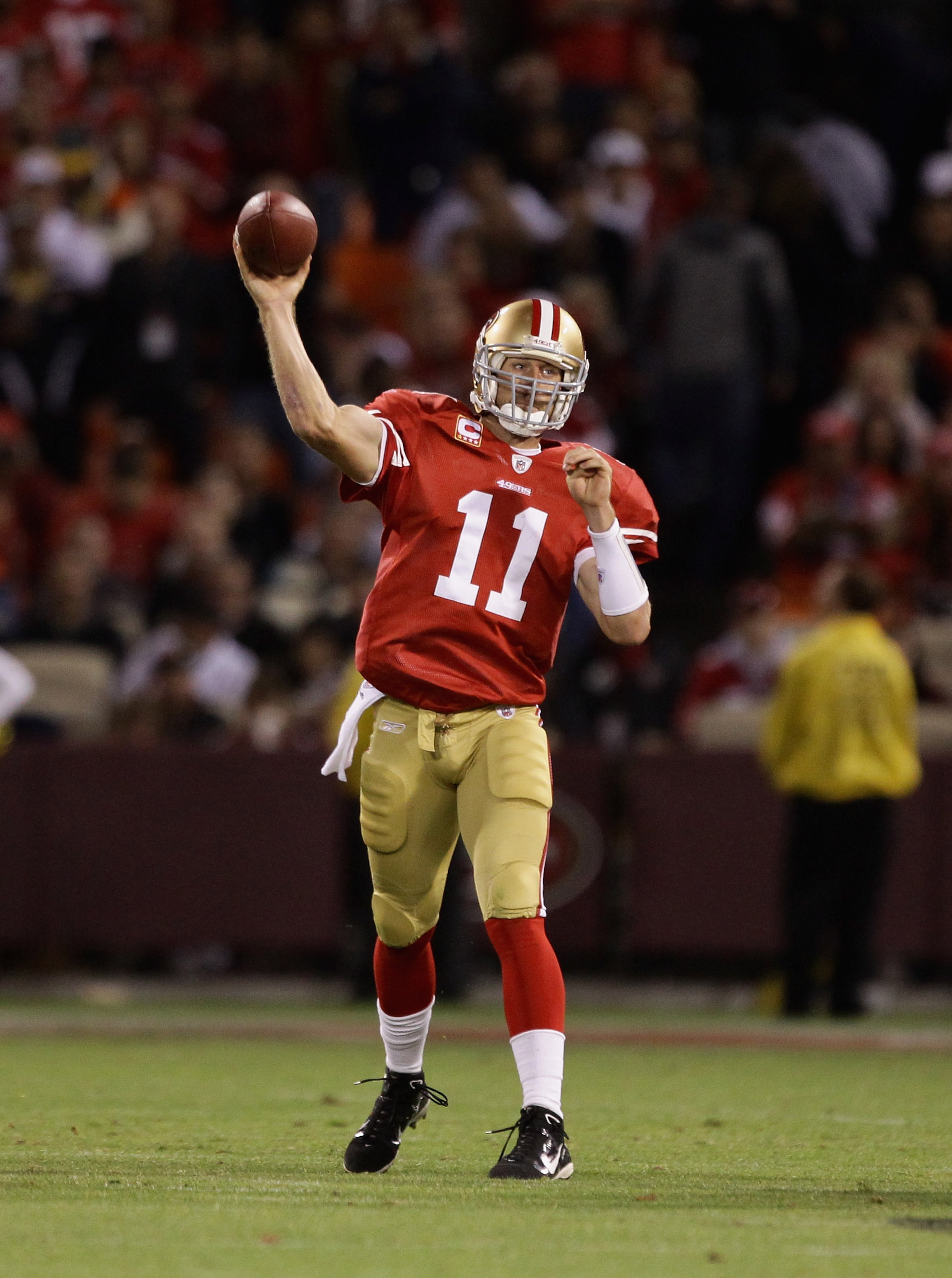 SAN FRANCISCO - SEPTEMBER 20:  Alex Smith #11 of the San Francisco 49ers throws the ball during their game against the New Orleans Saints at Candlestick Park on September 20, 2010 in San Francisco, California.  (Photo by Ezra Shaw/Getty Images)