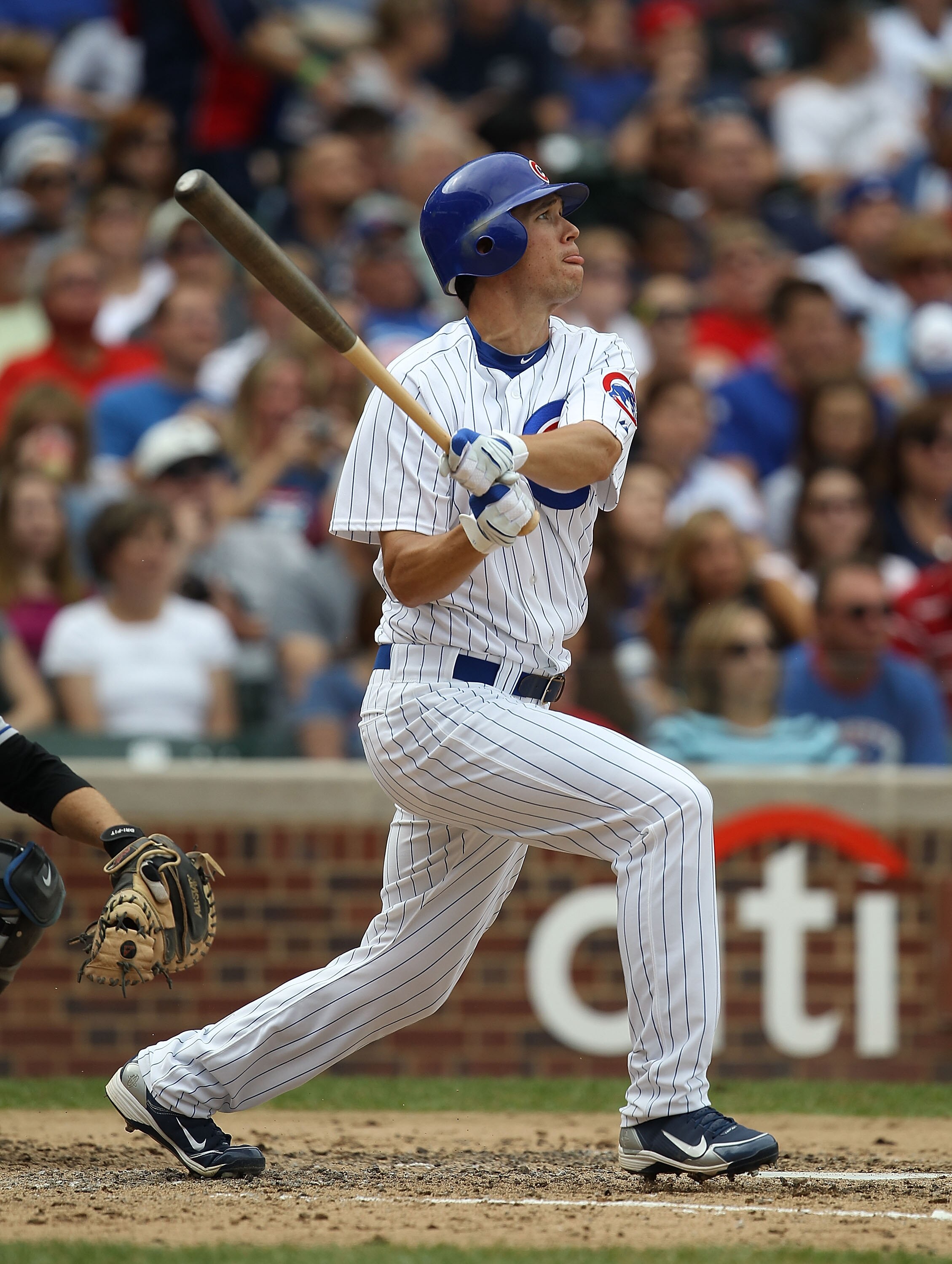 CHICAGO - SEPTEMBER 05: Tyler Colvin #21 of the Chicago Cubs hits the ball against the New York Mets at Wrigley Field on September 5, 2010 in Chicago, Illinois. The Mets defeated the Cubs 18-5. (Photo by Jonathan Daniel/Getty Images)