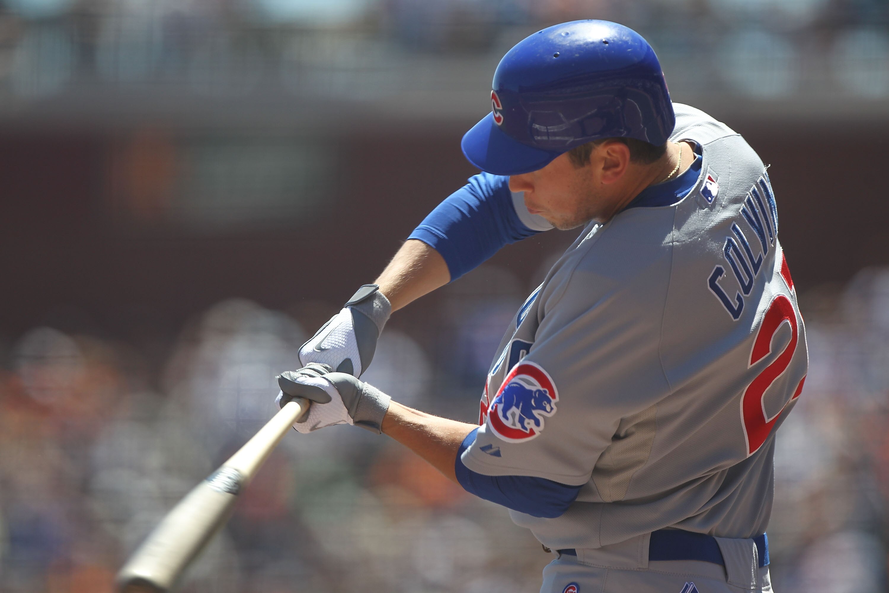 SAN FRANCISCO - AUGUST 12:  Tyler Colvin #21 of the Chicago Cubs bats against the San Francisco Giants during an MLB game at AT&T Park on August 12, 2010 in San Francisco, California.  (Photo by Jed Jacobsohn/Getty Images)