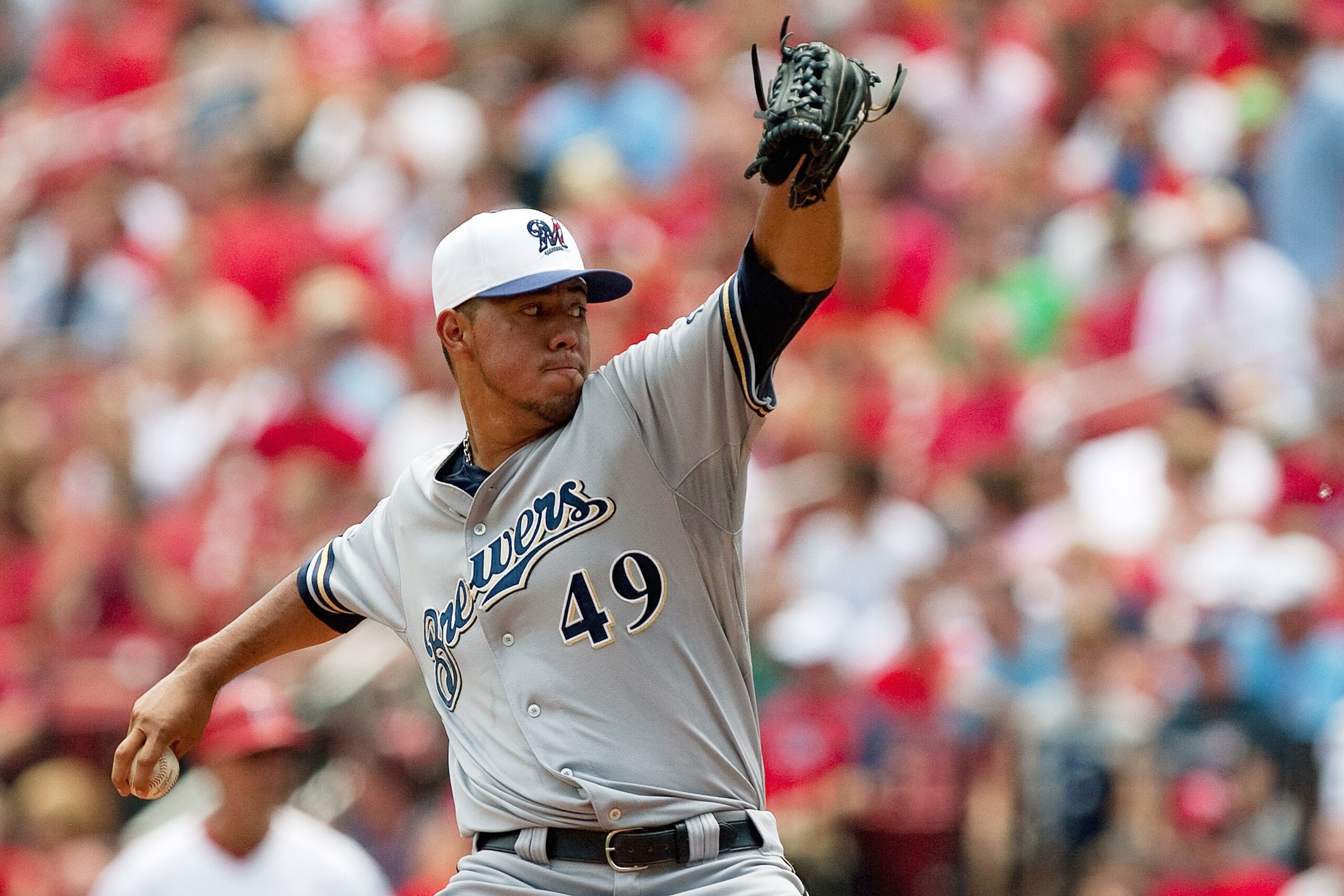 ST. LOUIS - JULY 4: Starting pitcher Yovani Gallardo #49 of the Milwaukee Brewers throws against the St. Louis Cardinals at Busch Stadium on July 4, 2010 in St. Louis, Missouri. The Cardinals beat the Brewers 7-1. (Photo by Dilip Vishwanat/Getty Images) ST. LOUIS - JULY 4: Starting pitcher Yovani Gallardo #49 of the Milwaukee Brewers throws against the St. Louis Cardinals at Busch Stadium on July 4, 2010 in St. Louis, Missouri. The Cardinals beat the Brewers 7-1. (Photo by Dilip Vishwanat/Getty Images)
