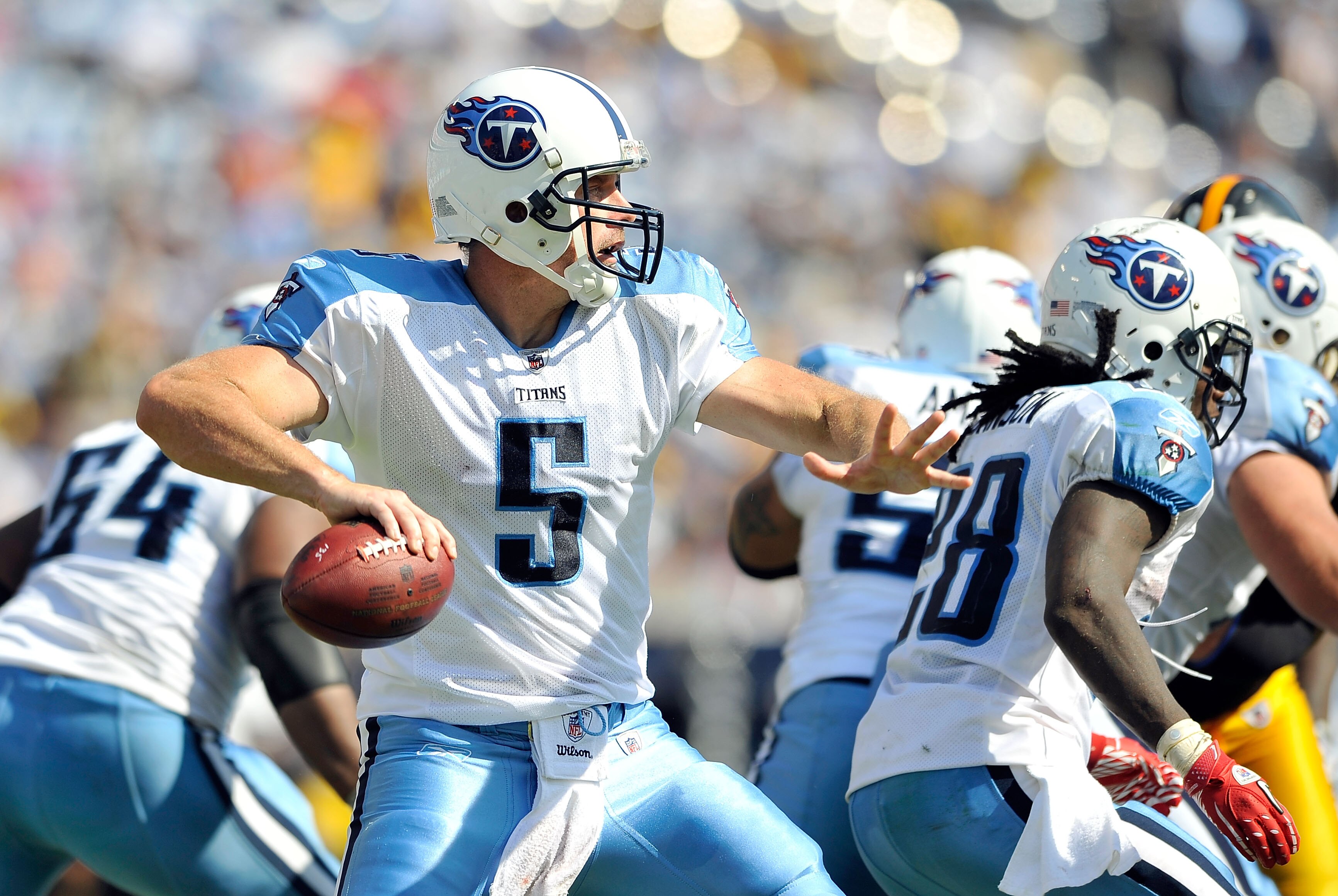 NASHVILLE, TN - SEPTEMBER 19: Quarterback Kerry Collins #5 of the Tennessee Titans drops back to pass against the Pittsburgh Steelers at LP Field on September 19, 2010 in Nashville, Tennessee. The Steelers won 19-11. (Photo by Grant Halverson/Getty Imag NASHVILLE, TN - SEPTEMBER 19: Quarterback Kerry Collins #5 of the Tennessee Titans drops back to pass against the Pittsburgh Steelers at LP Field on September 19, 2010 in Nashville, Tennessee. The Steelers won 19-11. (Photo by Grant Halverson/Getty Imag
