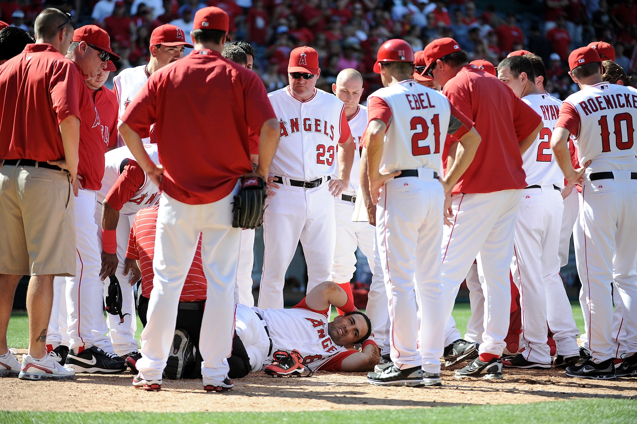ANAHEIM, CA - MAY 29:  Kendry Morales #8 of the Los Angeles Angels reacts to his injury on his way to home plate after his grand slam homerun to win the game 5-1 over the Seattle Mariners during the bottom of the ninth inning at Angel Stadium on May 29, 2