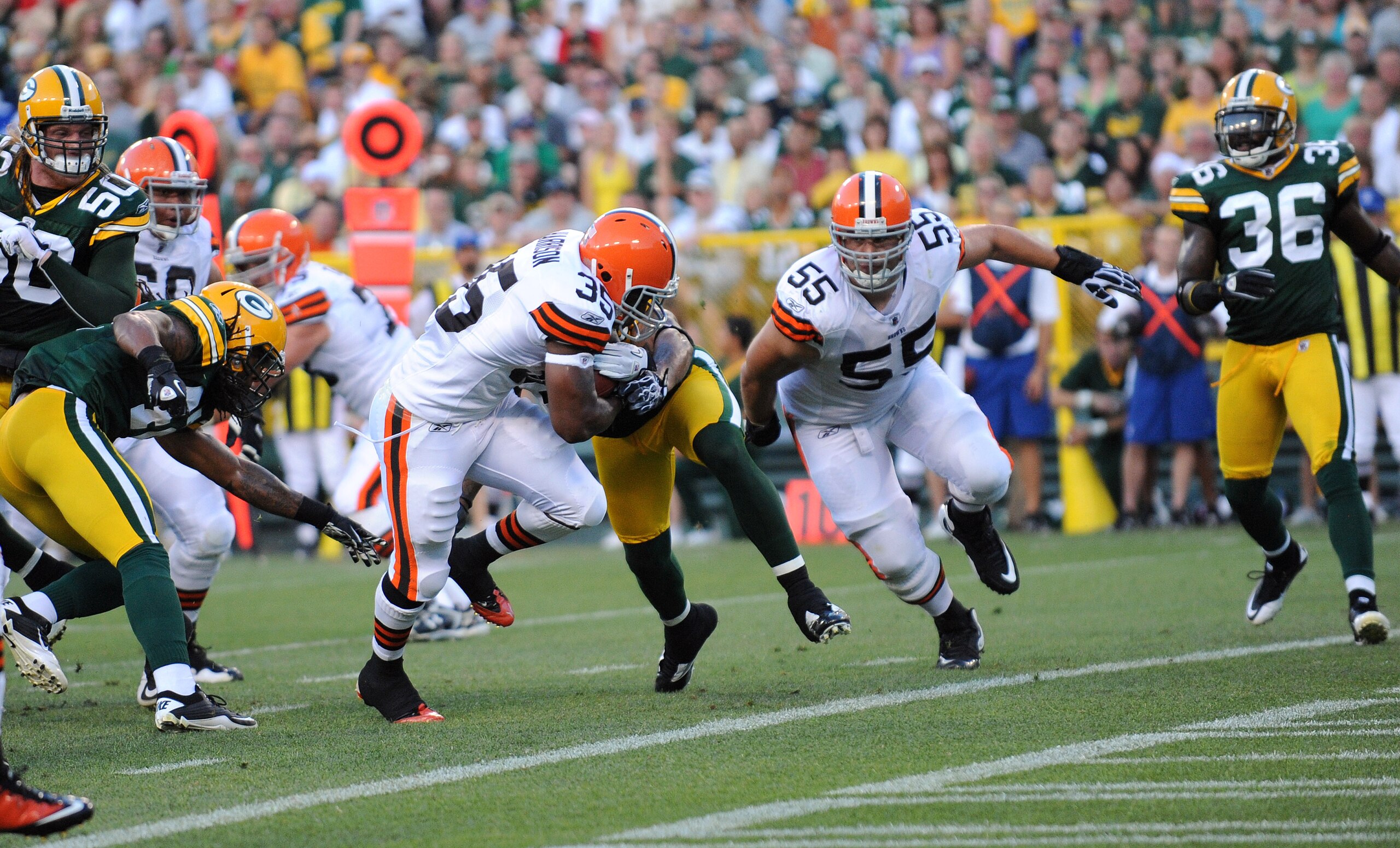 GREEN BAY - AUGUST 14: Jerome Harrison #35 of the Cleveland Browns scores a first quarter touchdown during the NFL preseason game against the Green Bay Packers at Lambeau Field August 14, 2010 in Green Bay, Wisconsin.  (Photo by Tom Dahlin/Getty Images)