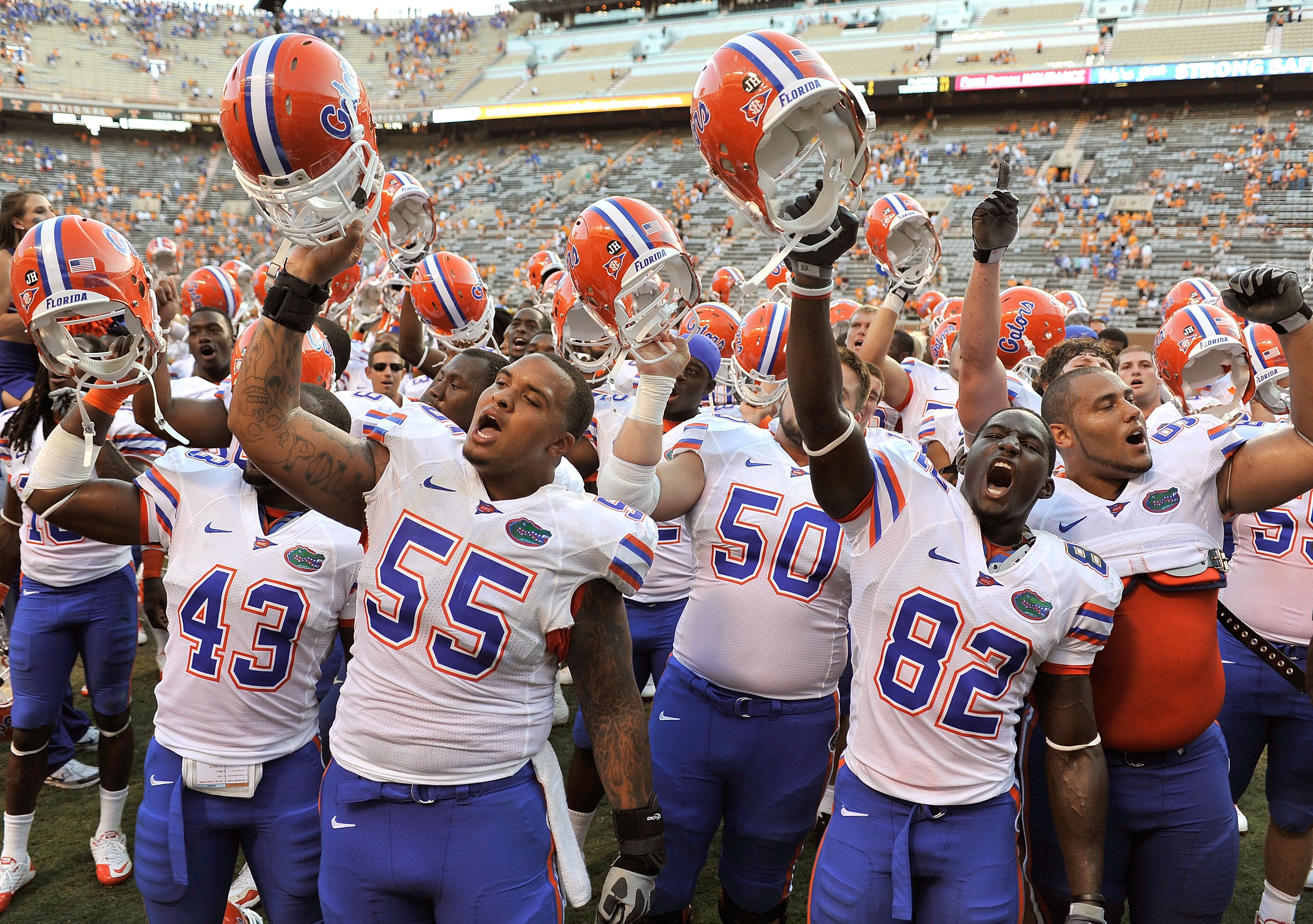 KNOXVILLE, TN - SEPTEMBER 18: Florida Gators sing the alma mater after a game against the Tennessee Volunteers at Neyland Stadium on September 18, 2010 in Knoxville, Tennessee. Florida won 31-17. (Photo by Grant Halverson/Getty Images) KNOXVILLE, TN - SEPTEMBER 18: Florida Gators sing the alma mater after a game against the Tennessee Volunteers at Neyland Stadium on September 18, 2010 in Knoxville, Tennessee. Florida won 31-17. (Photo by Grant Halverson/Getty Images)