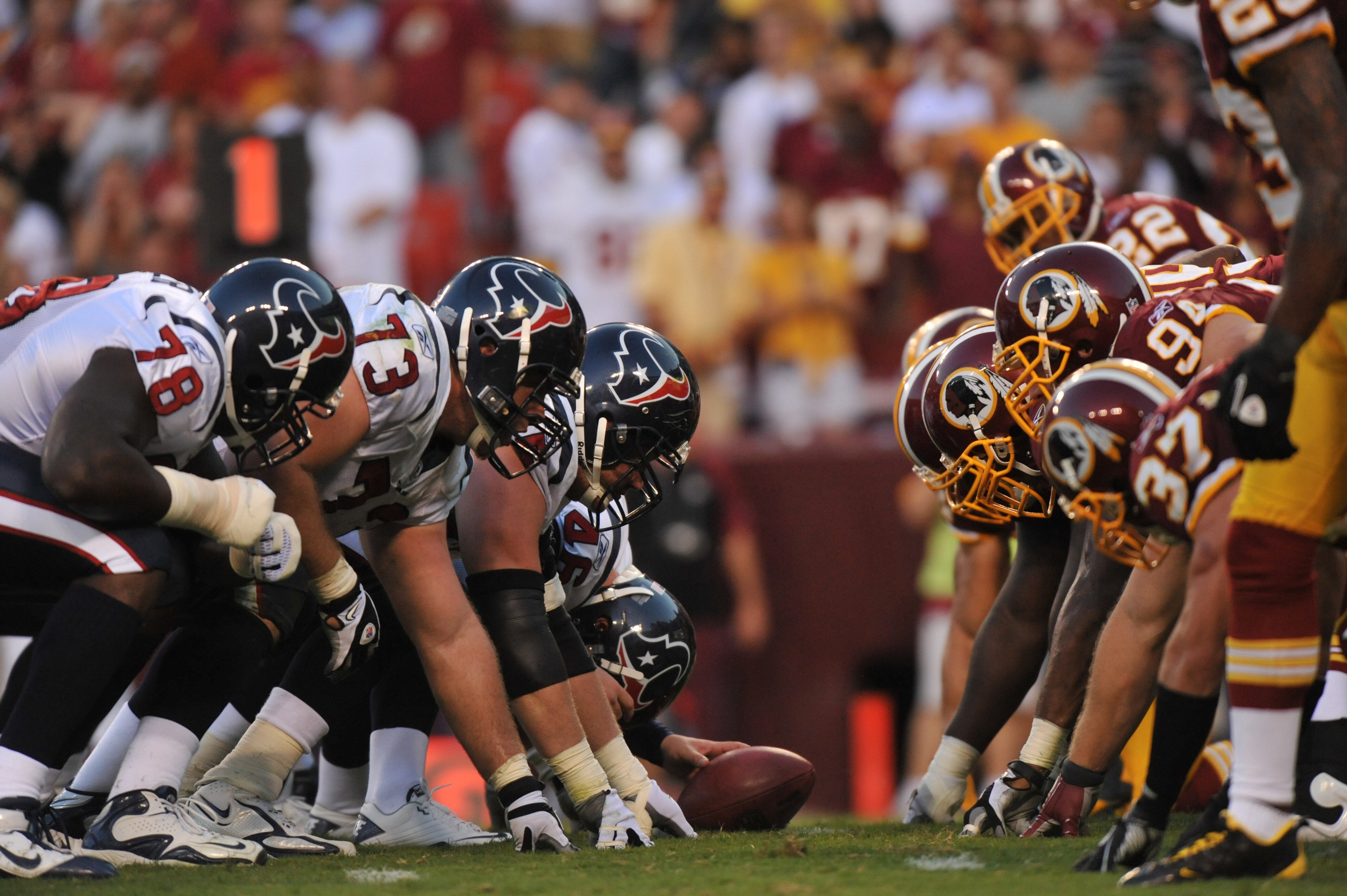 LANDOVER - SEPTEMBER 19: The Houston Texans line up against the Washington Redskins at FedExField on September 19, 2010 in Landover, Maryland. The Texans defeated the Redskins 30-27 in overtime. (Photo by Larry French/Getty Images) LANDOVER - SEPTEMBER 19: The Houston Texans line up against the Washington Redskins at FedExField on September 19, 2010 in Landover, Maryland. The Texans defeated the Redskins 30-27 in overtime. (Photo by Larry French/Getty Images)