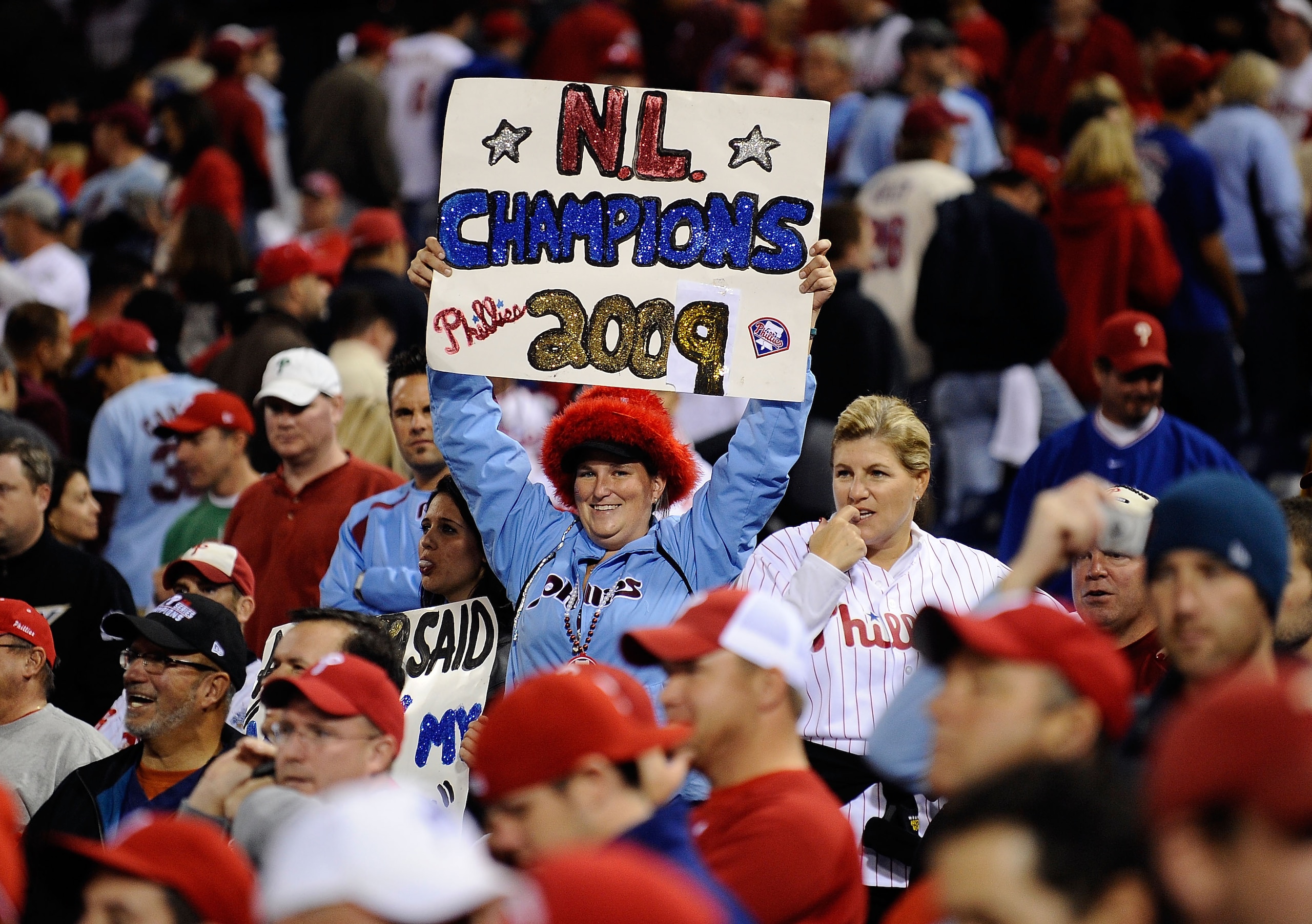 PHILADELPHIA - OCTOBER 21: Fans celebrate the Philadelphia Phillies defeating the Los Angeles Dodgers 10-4 to advance to the World Series in Game Five of the NLCS during the 2009 MLB Playoffs at Citizens Bank Park on October 21, 2009 in Philadelphia, Pen PHILADELPHIA - OCTOBER 21: Fans celebrate the Philadelphia Phillies defeating the Los Angeles Dodgers 10-4 to advance to the World Series in Game Five of the NLCS during the 2009 MLB Playoffs at Citizens Bank Park on October 21, 2009 in Philadelphia, Pen