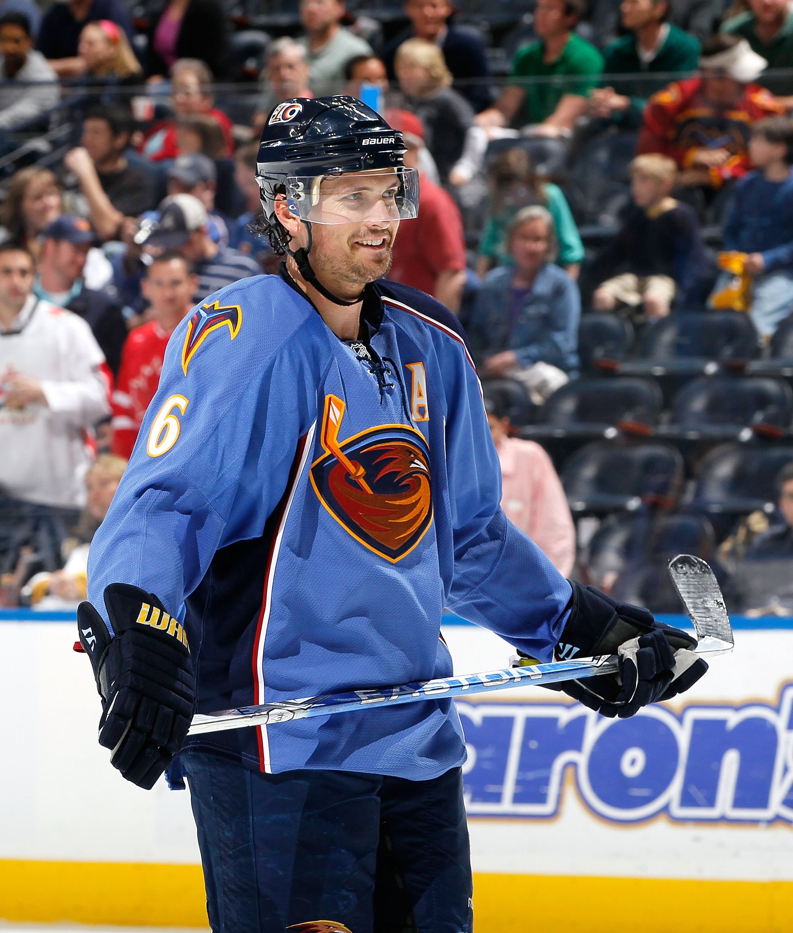 ATLANTA - APRIL 10:  Ron Hainsey #6 of the Atlanta Thrashers against the Pittsburgh Penguins at Philips Arena on April 10, 2010 in Atlanta, Georgia.  (Photo by Kevin C. Cox/Getty Images)