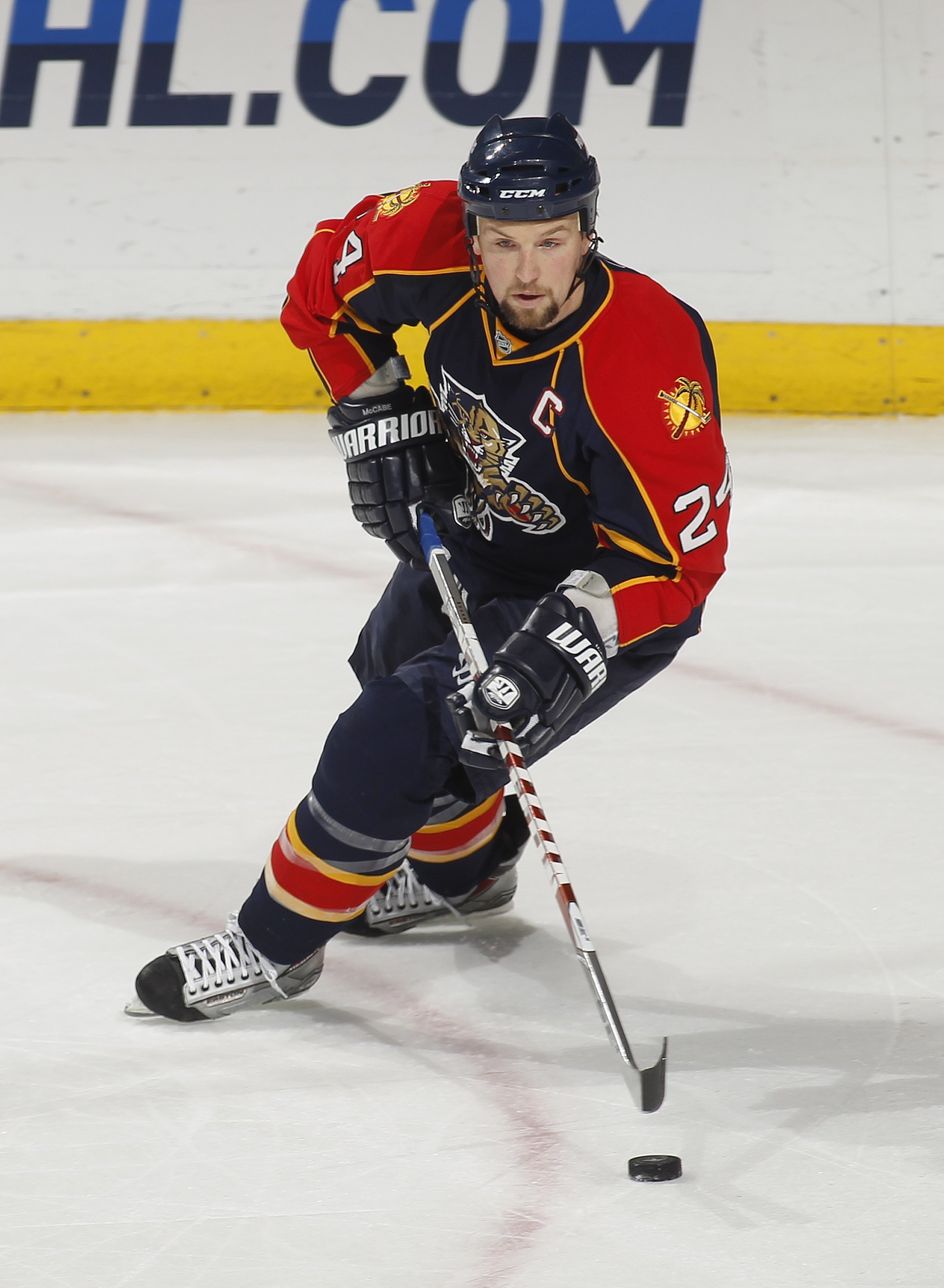 SUNRISE, FL - MARCH 29: Bryan McCabe #24 of the Florida Panthers skates with the puck against the Nashville Predators on March 29, 2010 at the BankAtlantic Center in Sunrise, Florida. The Predators defeated the Panthers 3-2 in overtime. (Photo by Joel Aue