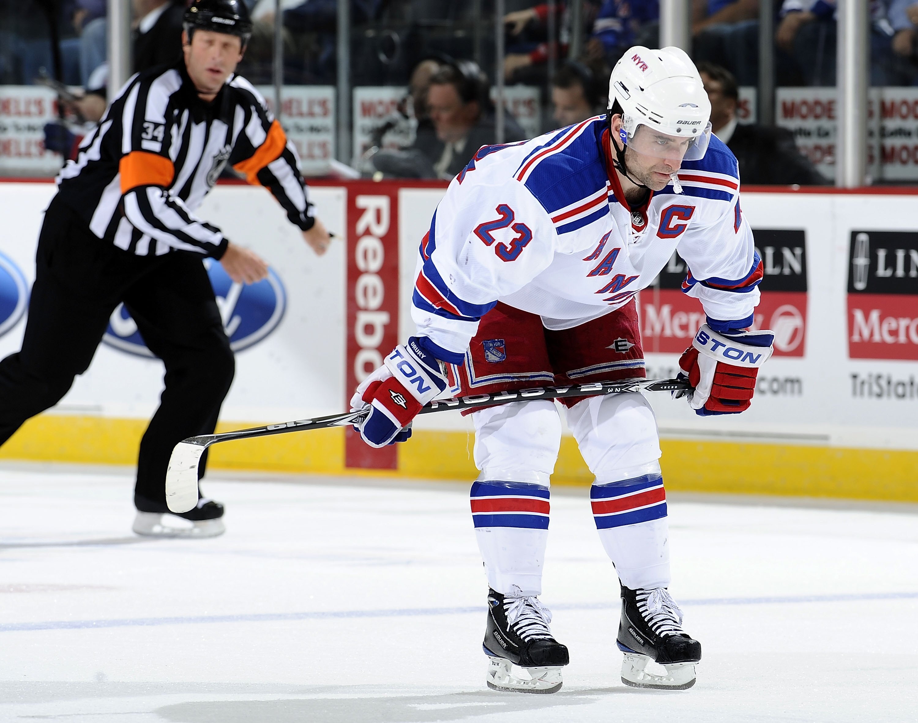 NEWARK, NJ - MARCH 25: Chris Drury #23 of the New York Rangers skates against the New Jersey Devils at the Prudential Center on March 25, 2010 in Newark, New Jersey.  (Photo by Jeff Zelevansky/Getty Images)