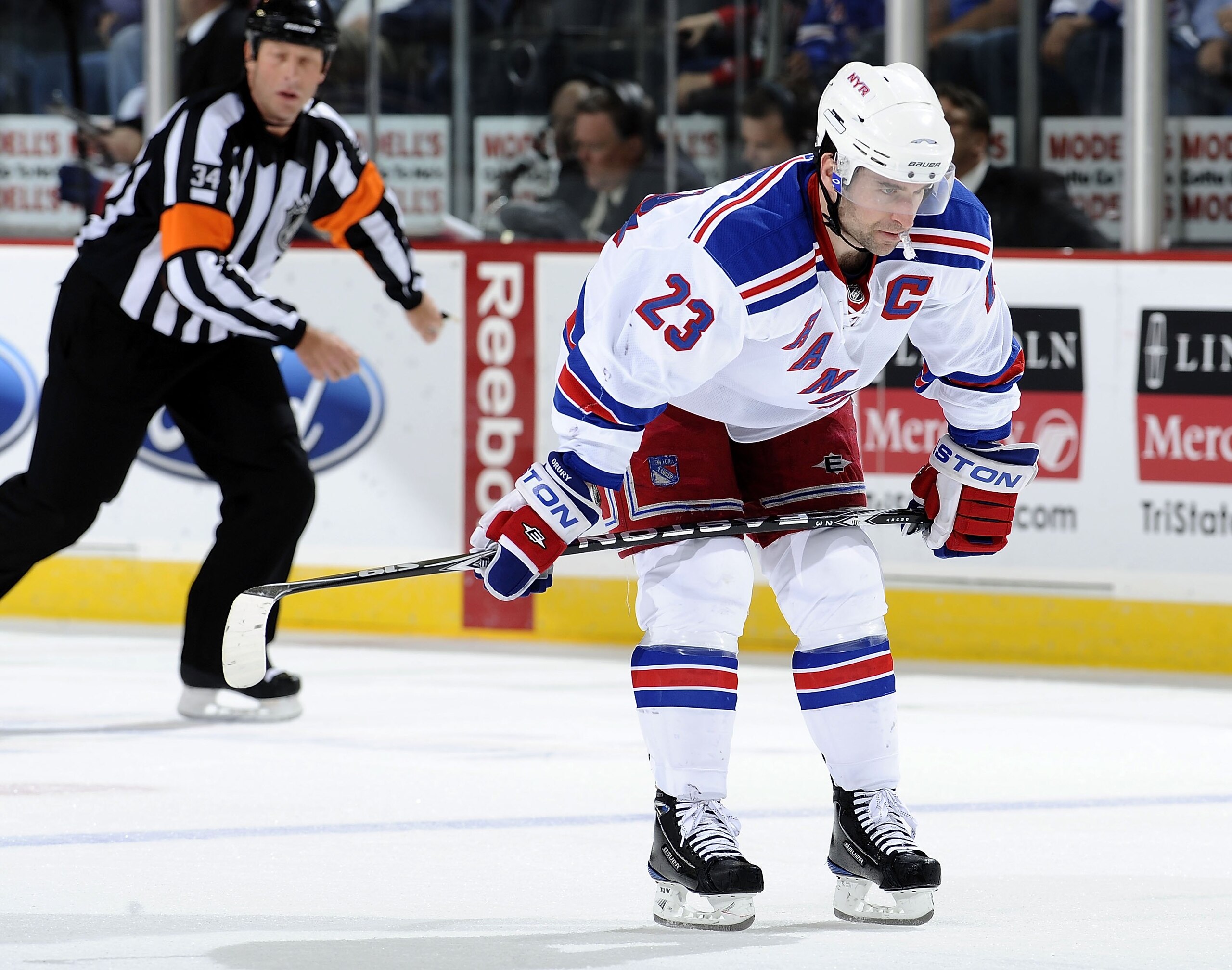 NEWARK, NJ - MARCH 25: Chris Drury #23 of the New York Rangers skates against the New Jersey Devils at the Prudential Center on March 25, 2010 in Newark, New Jersey.  (Photo by Jeff Zelevansky/Getty Images)
