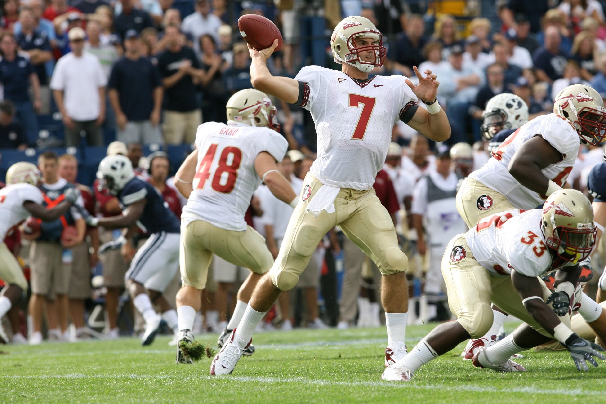 PROVO, UT - SEPTEMBER 19: Christian Ponder #7 of Florida State Seminoles passes the ball against Brigham Young University Cougars at La Vell Edwards Stadium on September 19, 2009 in Provo, Utah. (Photo by Melissa Majchrzak via Getty Images) PROVO, UT - SEPTEMBER 19: Christian Ponder #7 of Florida State Seminoles passes the ball against Brigham Young University Cougars at La Vell Edwards Stadium on September 19, 2009 in Provo, Utah. (Photo by Melissa Majchrzak via Getty Images)