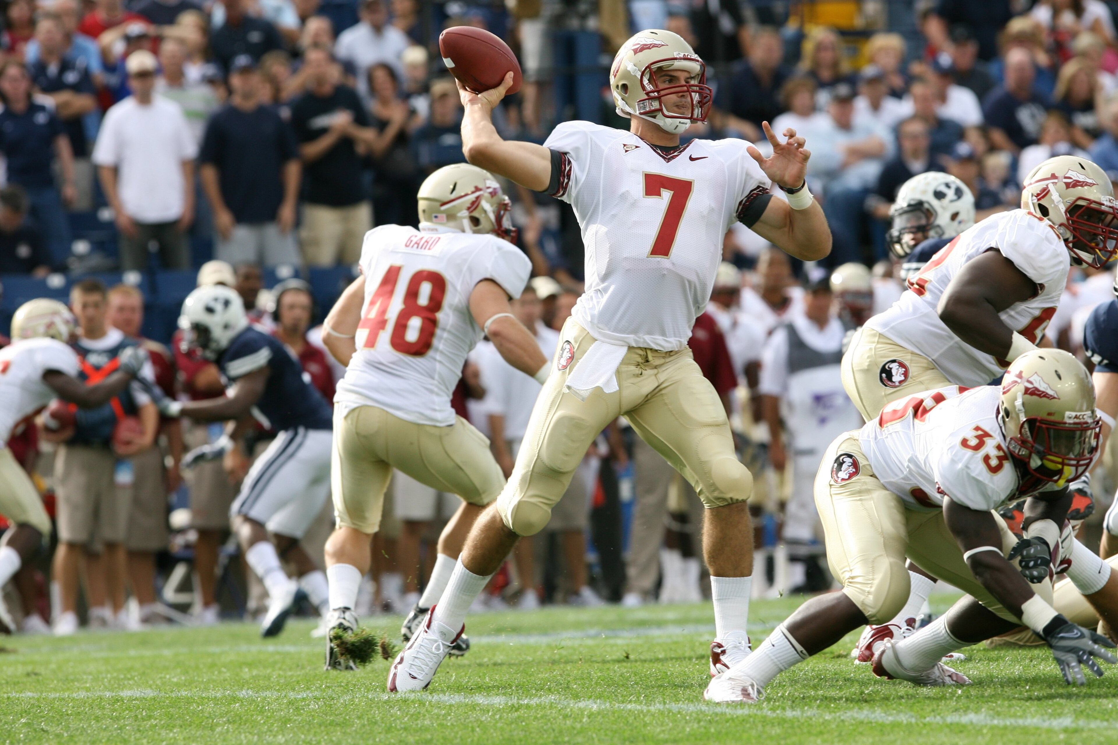 PROVO, UT - SEPTEMBER 19: Christian Ponder #7 of Florida State Seminoles passes the ball against Brigham Young University Cougars at La Vell Edwards Stadium on September 19, 2009 in Provo, Utah. (Photo by Melissa Majchrzak via Getty Images) PROVO, UT - SEPTEMBER 19: Christian Ponder #7 of Florida State Seminoles passes the ball against Brigham Young University Cougars at La Vell Edwards Stadium on September 19, 2009 in Provo, Utah. (Photo by Melissa Majchrzak via Getty Images)