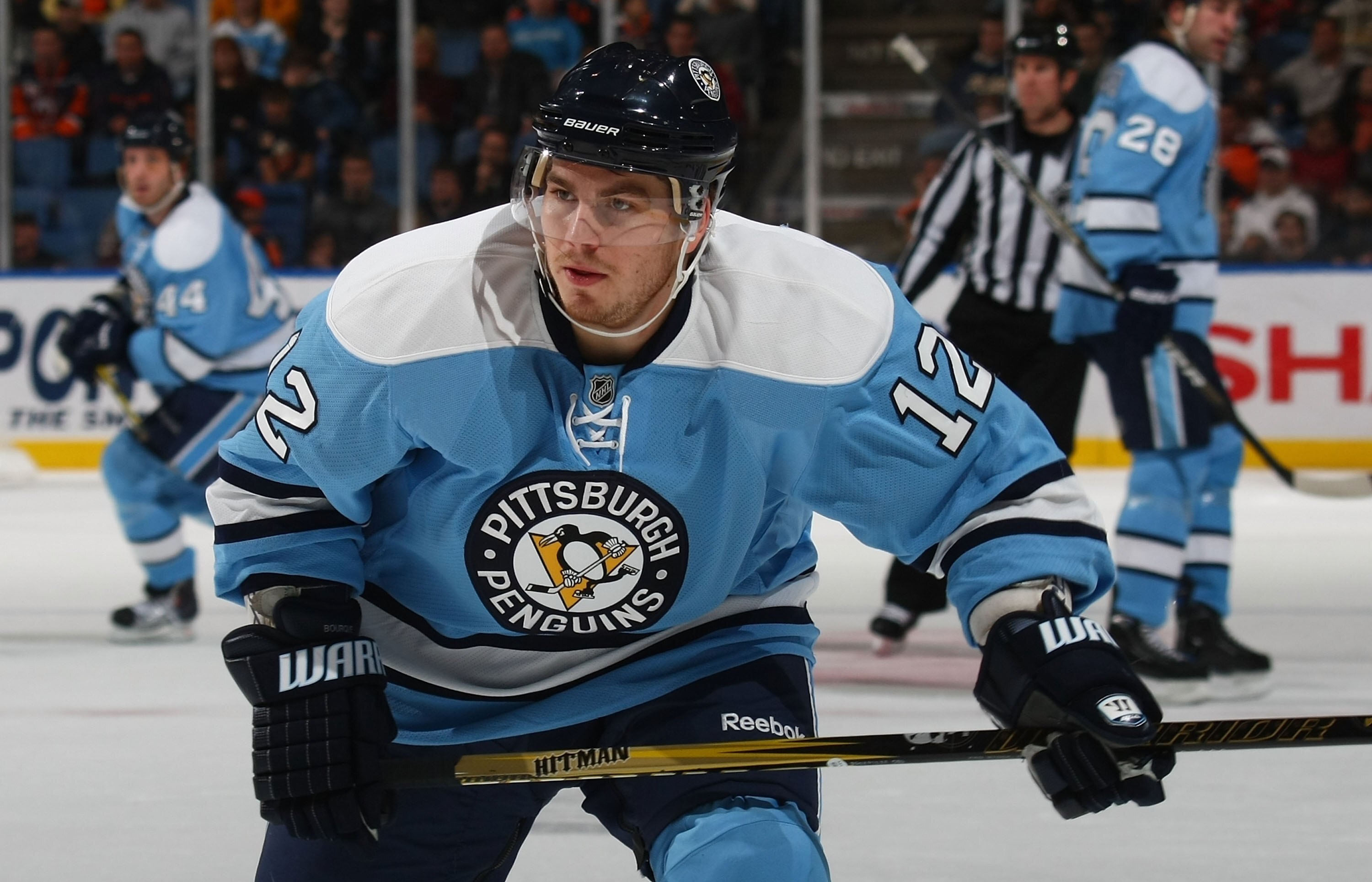 UNIONDALE, NY - NOVEMBER 27: Christopher Bourque #12 of the Pittsburgh Penguins skates against the New York Islanders at the Nassau Coliseum on November 27, 2009 in Uniondale, New York. (Photo by Bruce Bennett/Getty Images) UNIONDALE, NY - NOVEMBER 27: Christopher Bourque #12 of the Pittsburgh Penguins skates against the New York Islanders at the Nassau Coliseum on November 27, 2009 in Uniondale, New York. (Photo by Bruce Bennett/Getty Images)