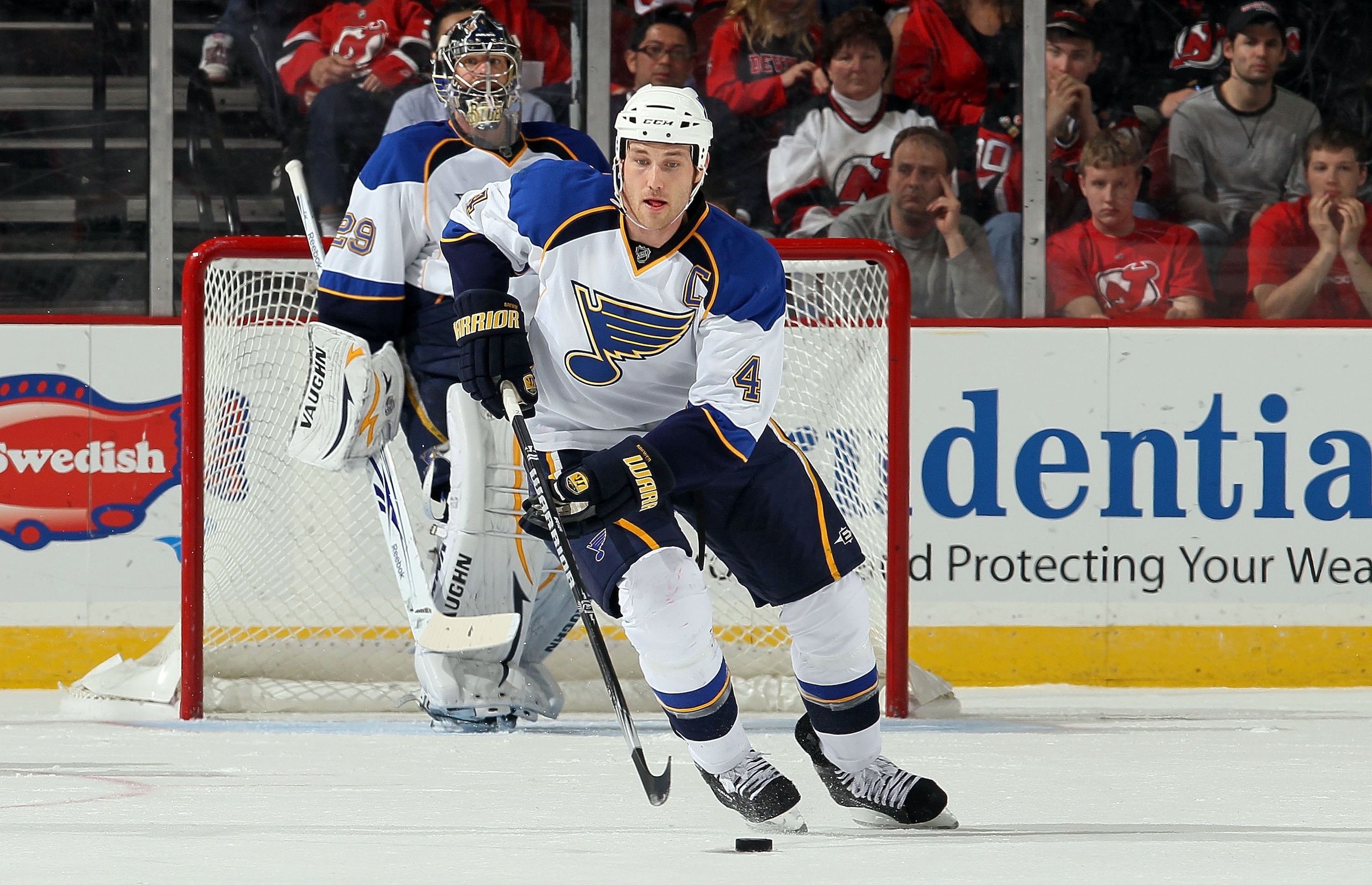 NEWARK, NJ - MARCH 20:  Eric Brewer #4 of the St. Louis Blues skates against the New Jersey Devils at the Prudential Center on March 20, 2010 in Newark, New Jersey. The Blues defeated the Devils 1-0.  (Photo by Jim McIsaac/Getty Images)