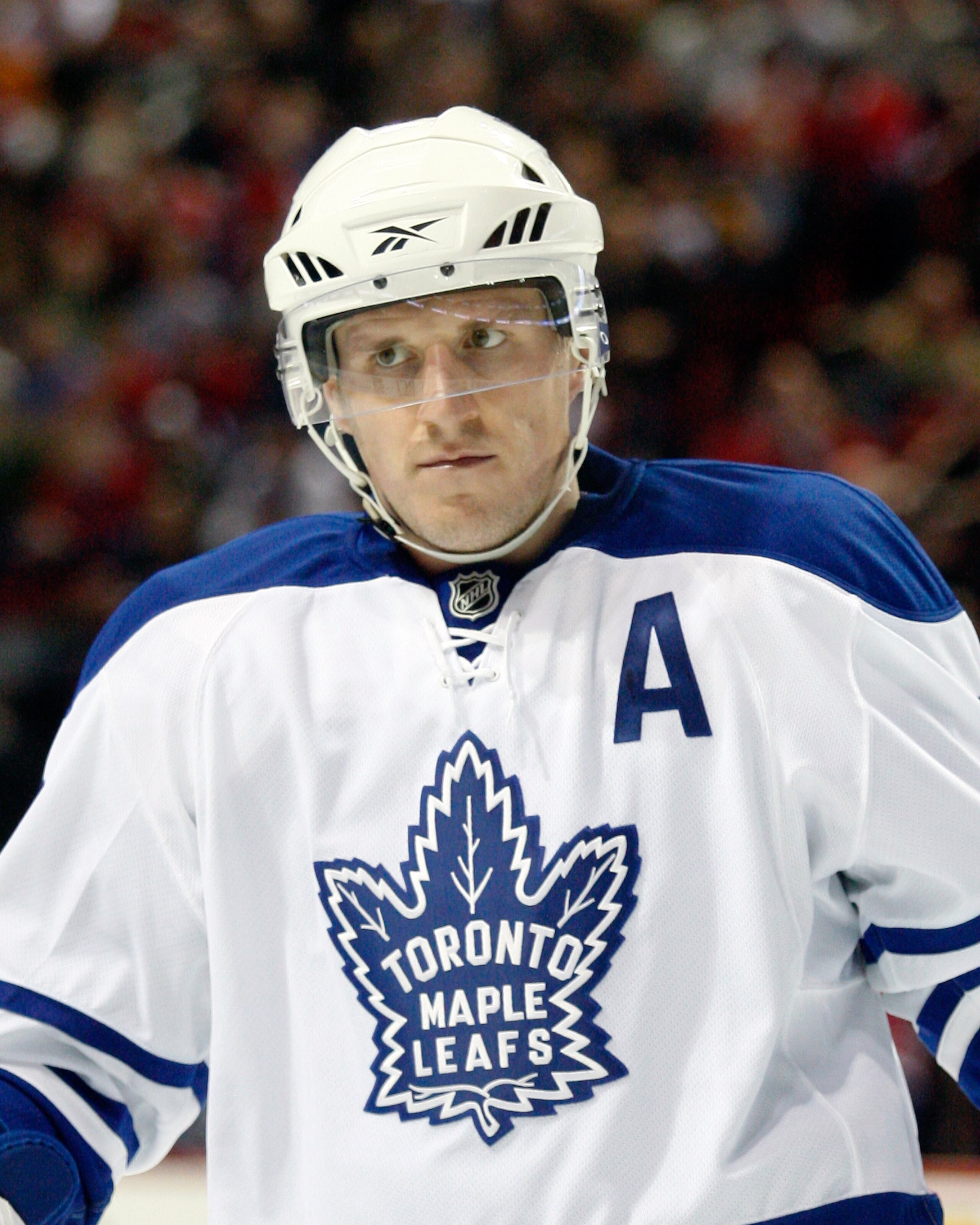 MONTREAL- APRIL 10:  Dion Phaneuf #3 of the Toronto Maple Leafs waits for a faceoff during the NHL game against the Montreal Canadiens on April 10, 2010 at the Bell Centre in Montreal, Quebec, Canada.  The Maple Leafs defeated the Canadiens 4-3 in overtim