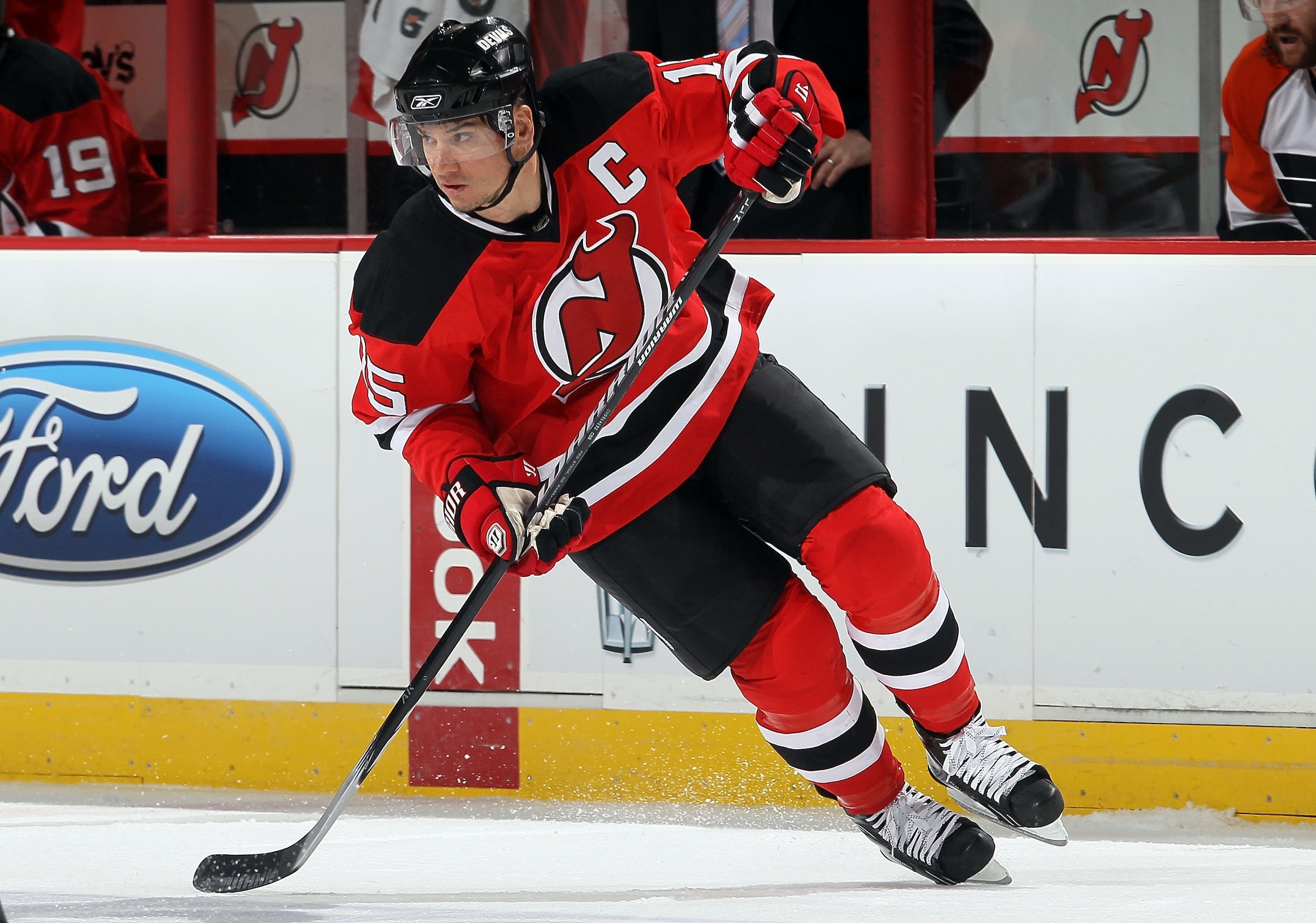 NEWARK, NJ - APRIL 22:  Jamie Langenbrunner #15 of the New Jersey Devils skates against the Philadelphia Flyers in Game 5 of the Eastern Conference Quarterfinals during the 2010 NHL Stanley Cup Playoffs at the Prudential Center at on April 22, 2010 in New