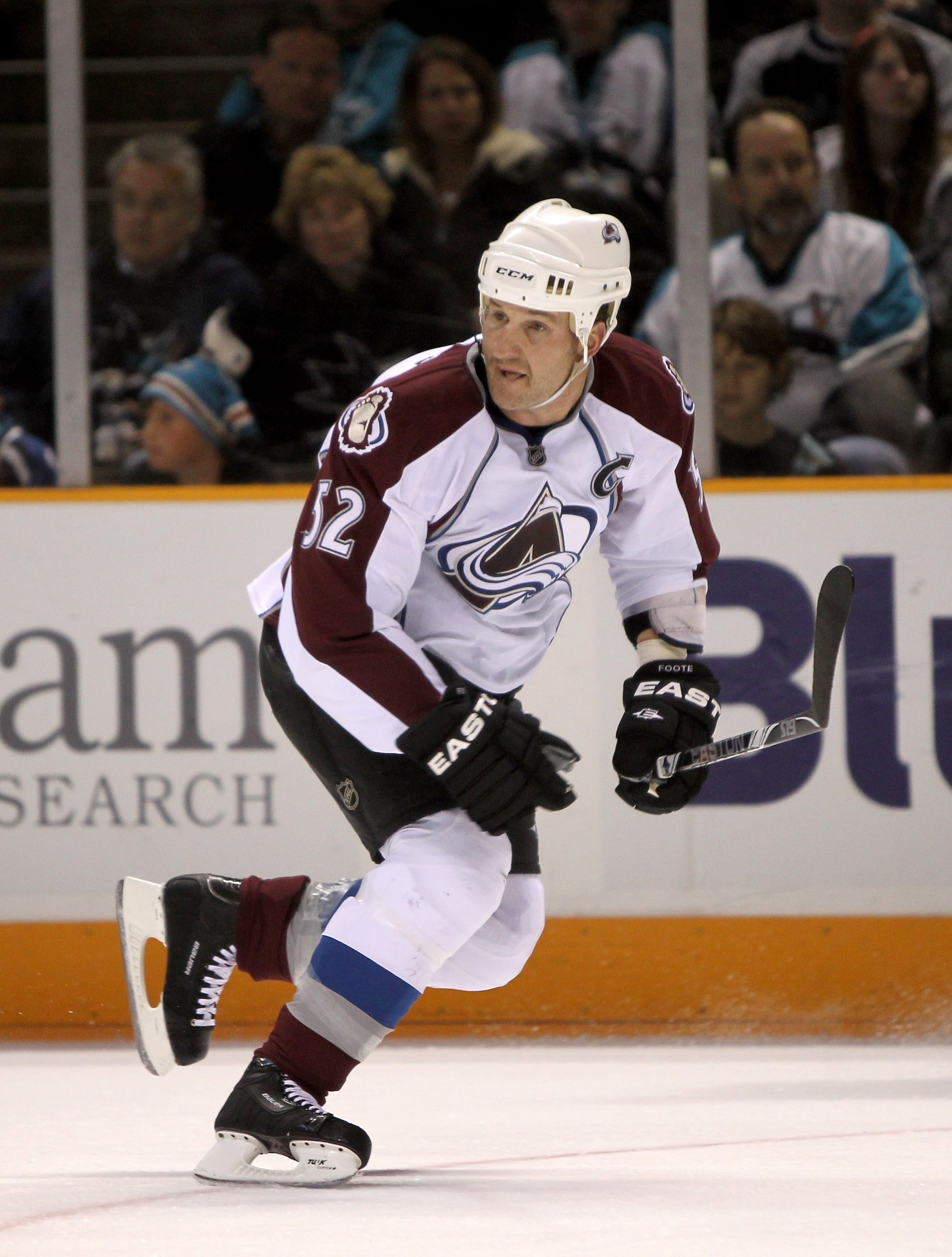 SAN JOSE, CA - MARCH 28:  Adam Foote #52 of the Colorado Avalanche in action during their game against the San Jose Sharks at HP Pavilion on March 28, 2010 in San Jose, California.  (Photo by Ezra Shaw/Getty Images)