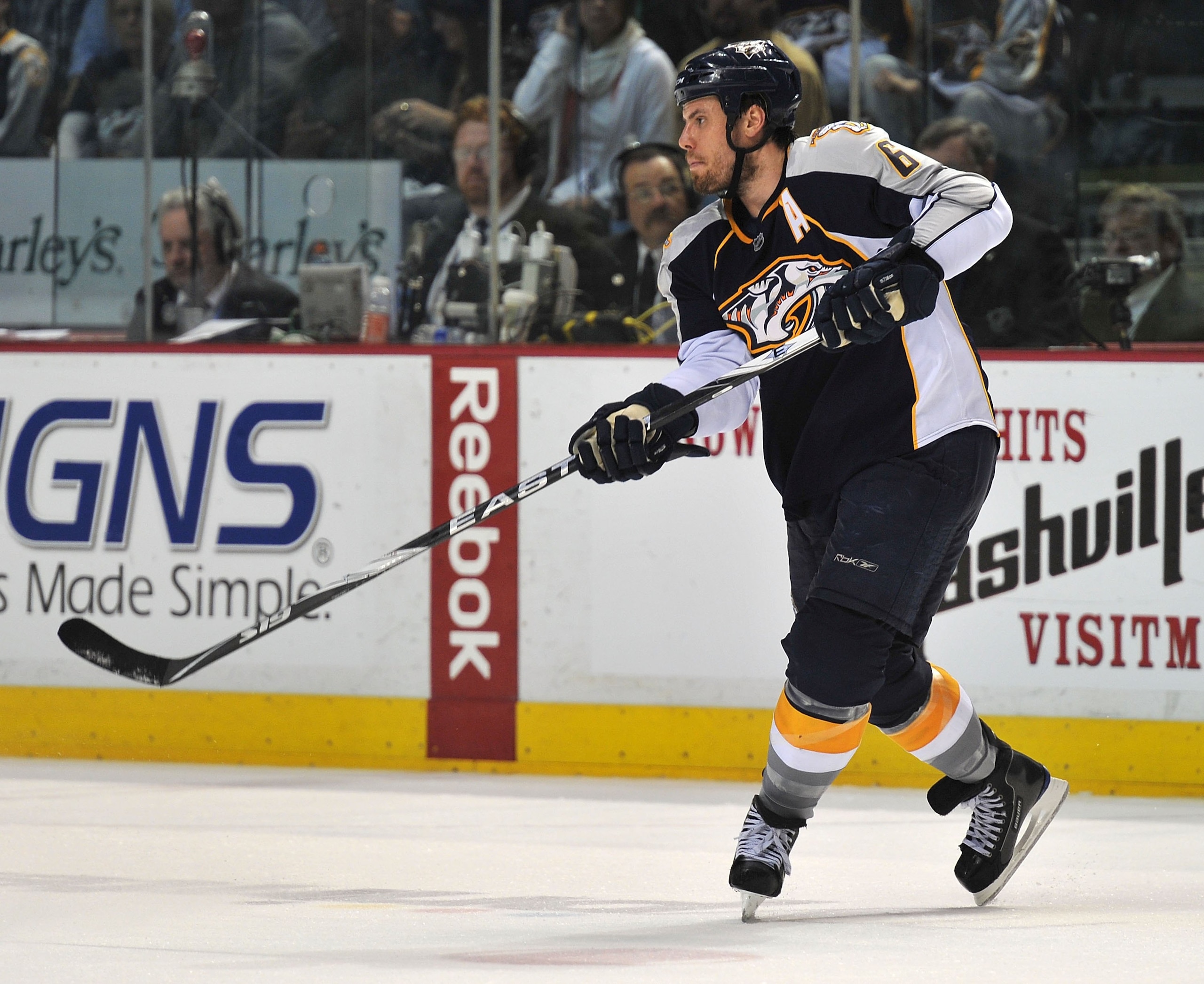 NASHVILLE, TN - APRIL 26:  Shea Weber #6 of the Nashville Predators skates against the Chicago Blackhawks in Game Six of the Western Conference Quarterfinals during the 2010 NHL Stanley Cup Playoffs at Bridgestone Arena on April 26, 2010 in Nashville, Ten