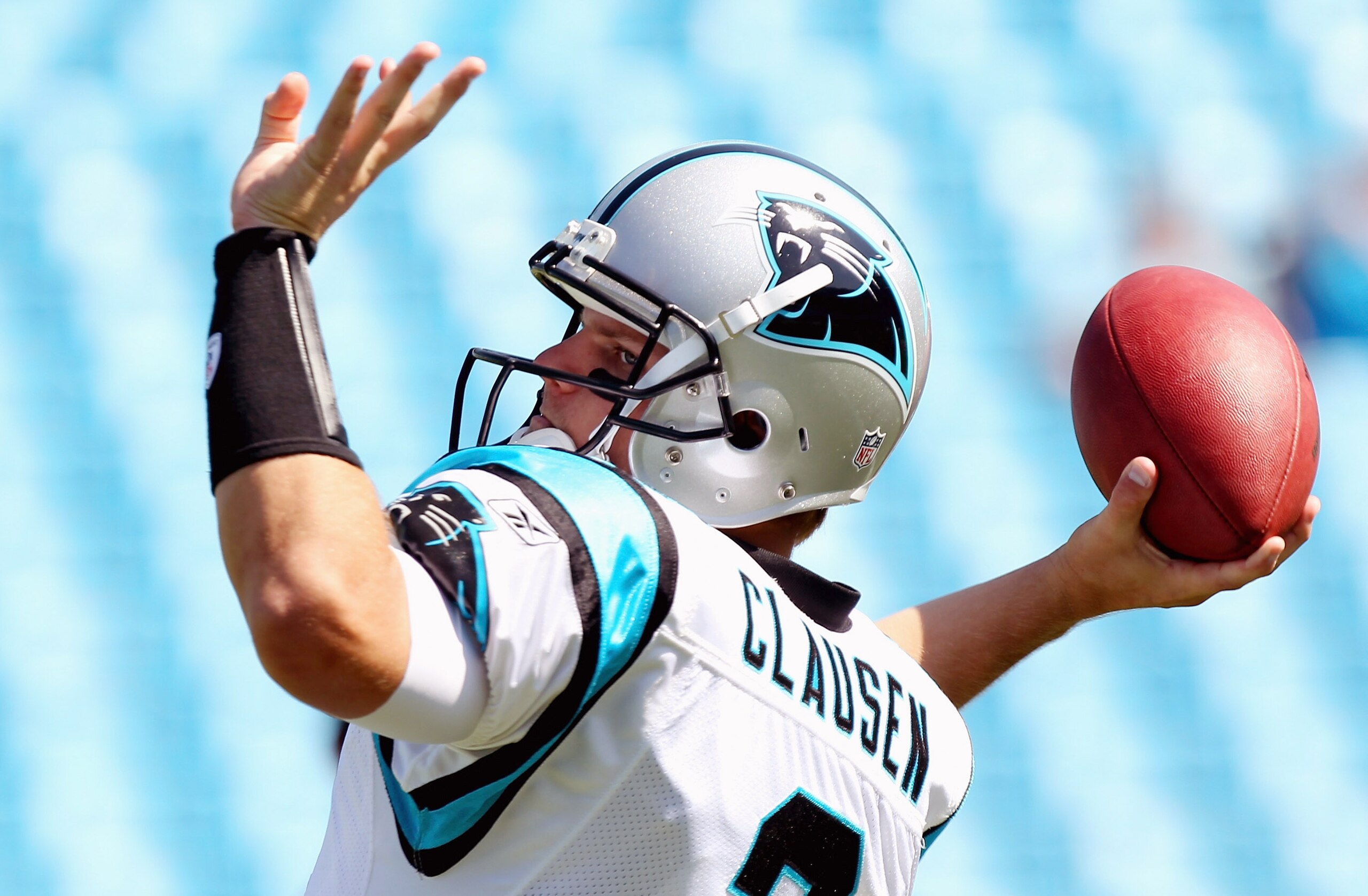 CHARLOTTE, NC - SEPTEMBER 19:  Jimmy Clausen #2 of the Carolina Panthers warms up before their game against the Tampa Bay Buccaneers at Bank of America Stadium on September 19, 2010 in Charlotte, North Carolina.  (Photo by Streeter Lecka/Getty Images)