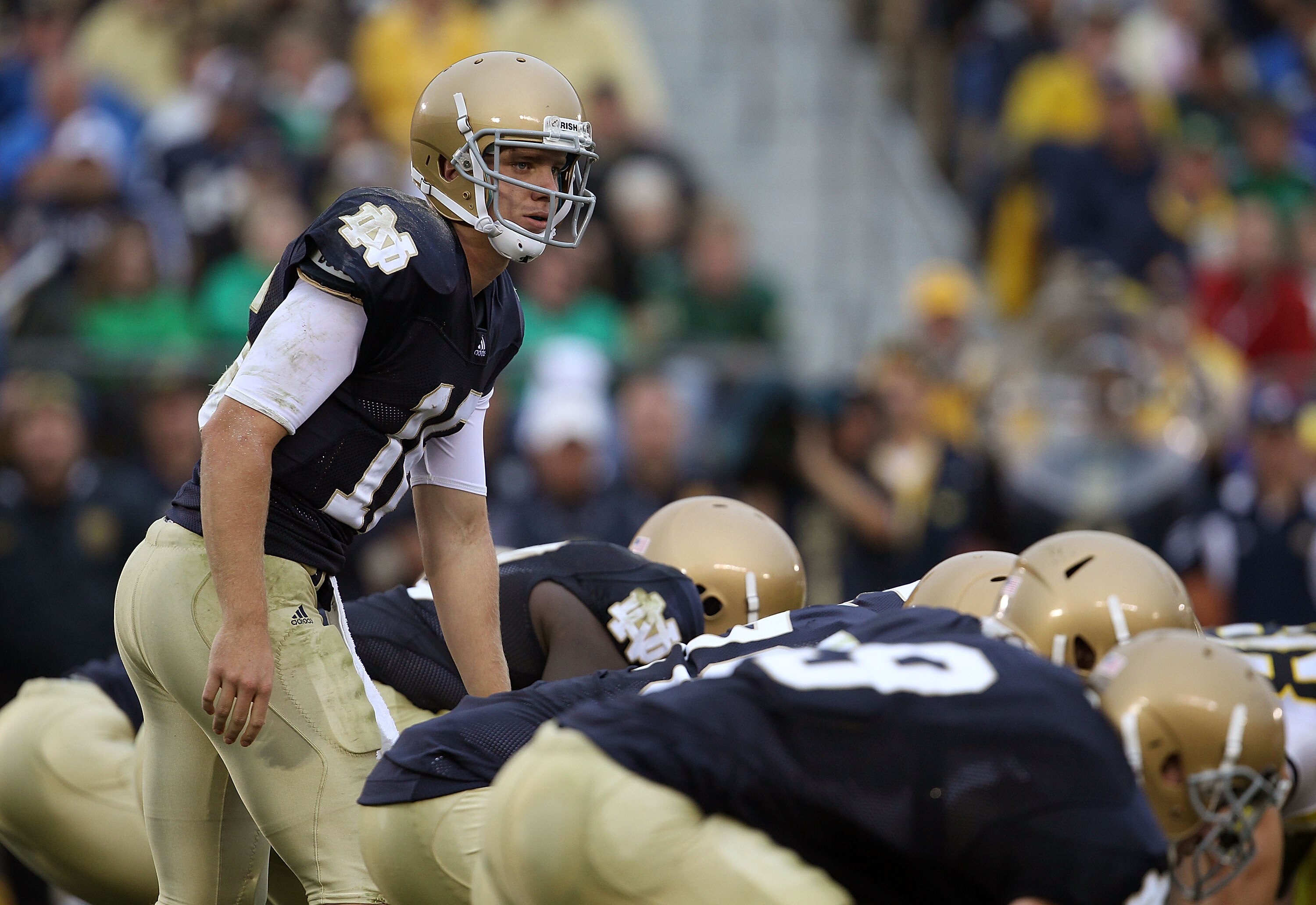 SOUTH BEND, IN - SEPTEMBER 11: Nate Montana #16 of the Notre Dame Fighting Irish calls offensive signals against the Michigan Wolverines at Notre Dame Stadium on September 11, 2010 in South Bend, Indiana. Michigan defeated Notre Dame 28-24.  (Photo by Jon