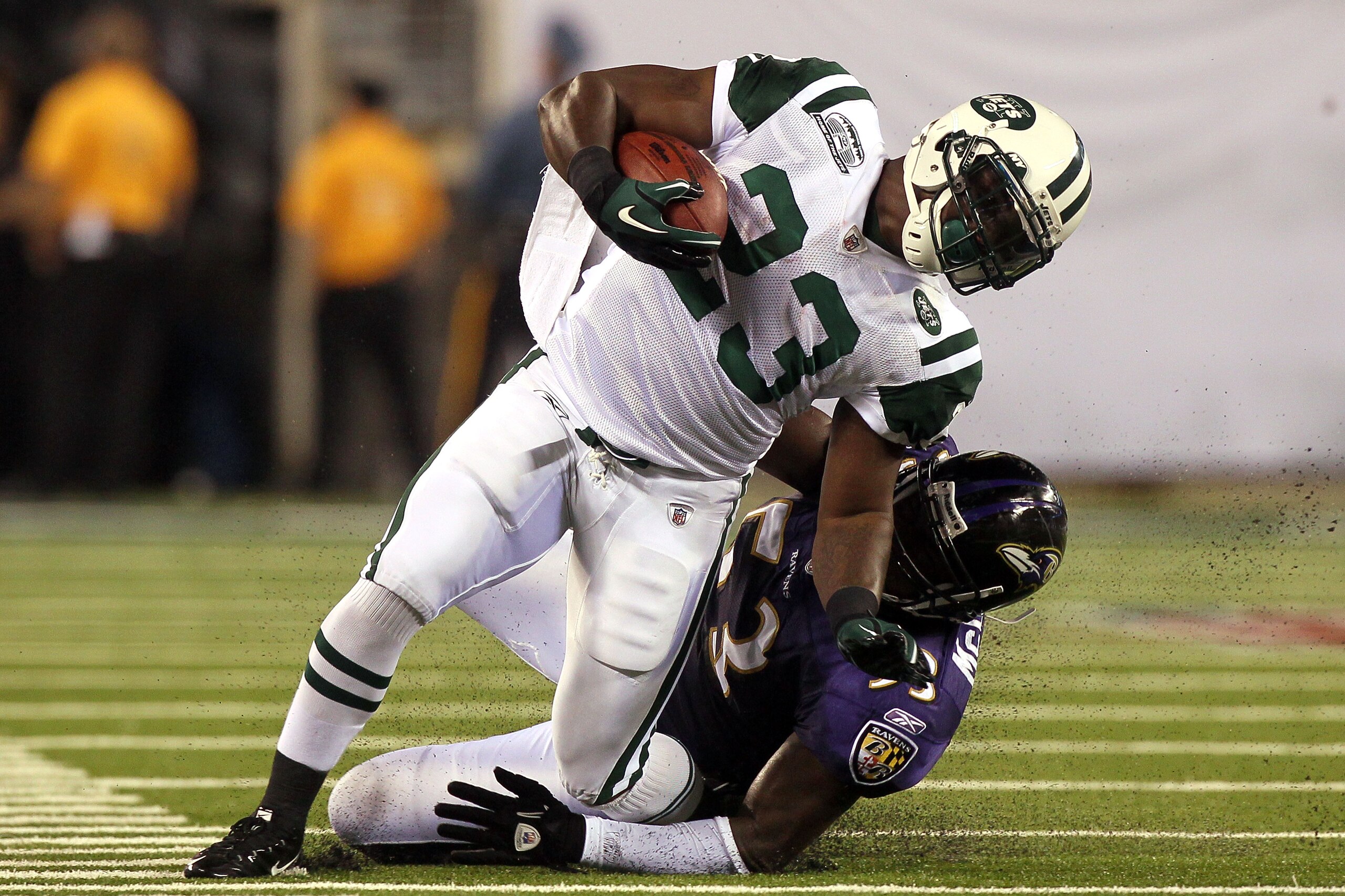 EAST RUTHERFORD, NJ - SEPTEMBER 13: Shonn Greene #23 of the New York Jets gets tackeled by Ray Lewis #52 of the Baltimore Ravens during their home opener at the New Meadowlands Stadium on September 13, 2010 in East Rutherford, New Jersey. (Photo by Jim EAST RUTHERFORD, NJ - SEPTEMBER 13: Shonn Greene #23 of the New York Jets gets tackeled by Ray Lewis #52 of the Baltimore Ravens during their home opener at the New Meadowlands Stadium on September 13, 2010 in East Rutherford, New Jersey. (Photo by Jim