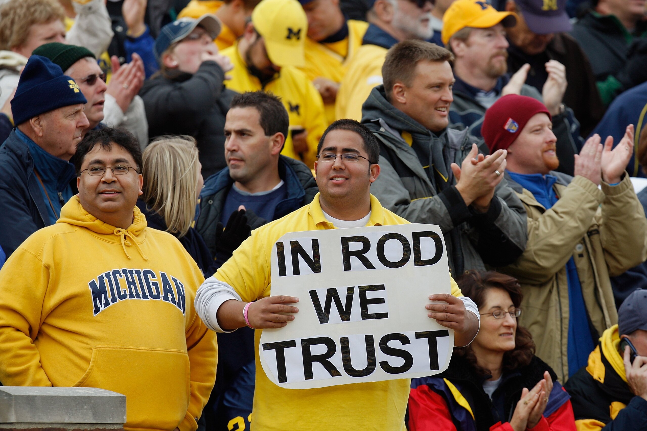 ANN ARBOR, MI - OCTOBER 25:  Fans of the Michigan Wolverines watch from the stands during the game against the Michigan State Spartans on October 25, 2008 at Michigan Stadium in Ann Arbor, Michigan. Michigan State won the game 35-21. (Photo by Gregory Sha