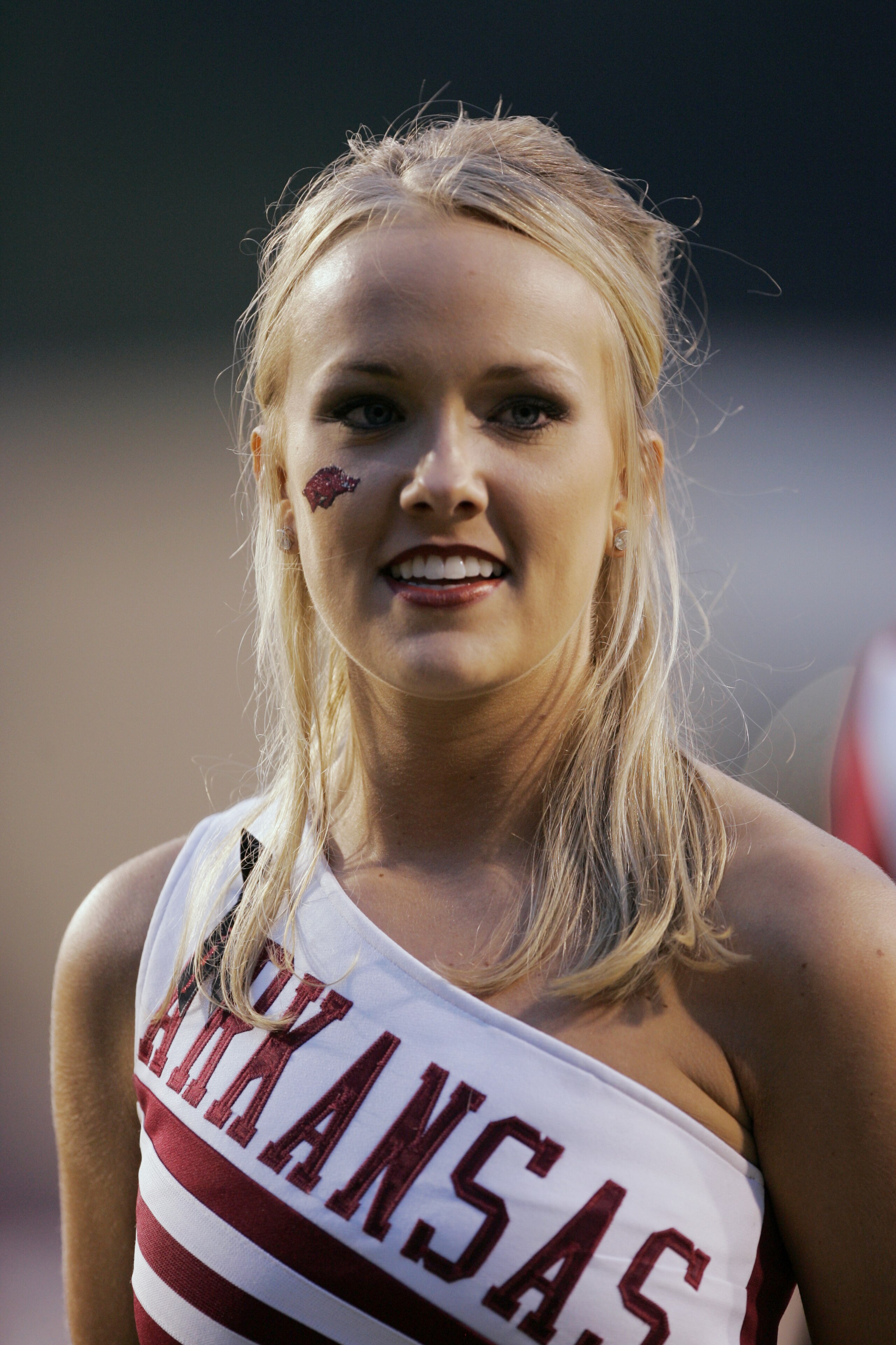 FAYETTEVILLE, AR - SEPTEMBER 2:  A female cheerleader of the Arkansas Razorbacks looks on during the game against the University of Southern California Trojans on September 2, 2006 at Donald W. Reynolds Razorback Stadium in Fayetteville, Arkansas.  Southe