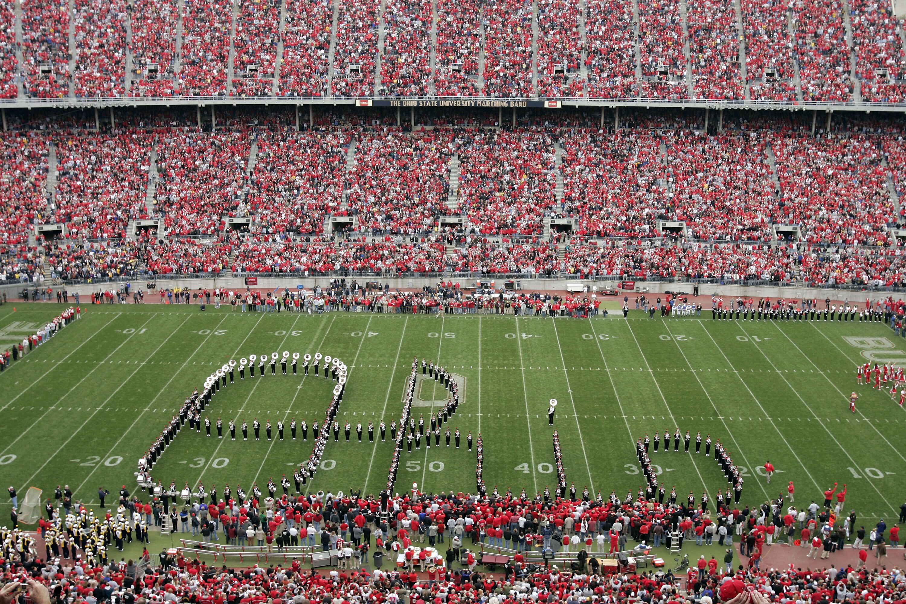 COLUMBUS, OH - NOVEMBER 20:  The Ohio State Buckeyes marching band spells out Ohio to the cheers of fans before their game against the Michigan Wolverines on November 20, 2004 at Ohio Stadium in Columbus, Ohio.  Ohio State upset Michigan 37-21.  (Photo by