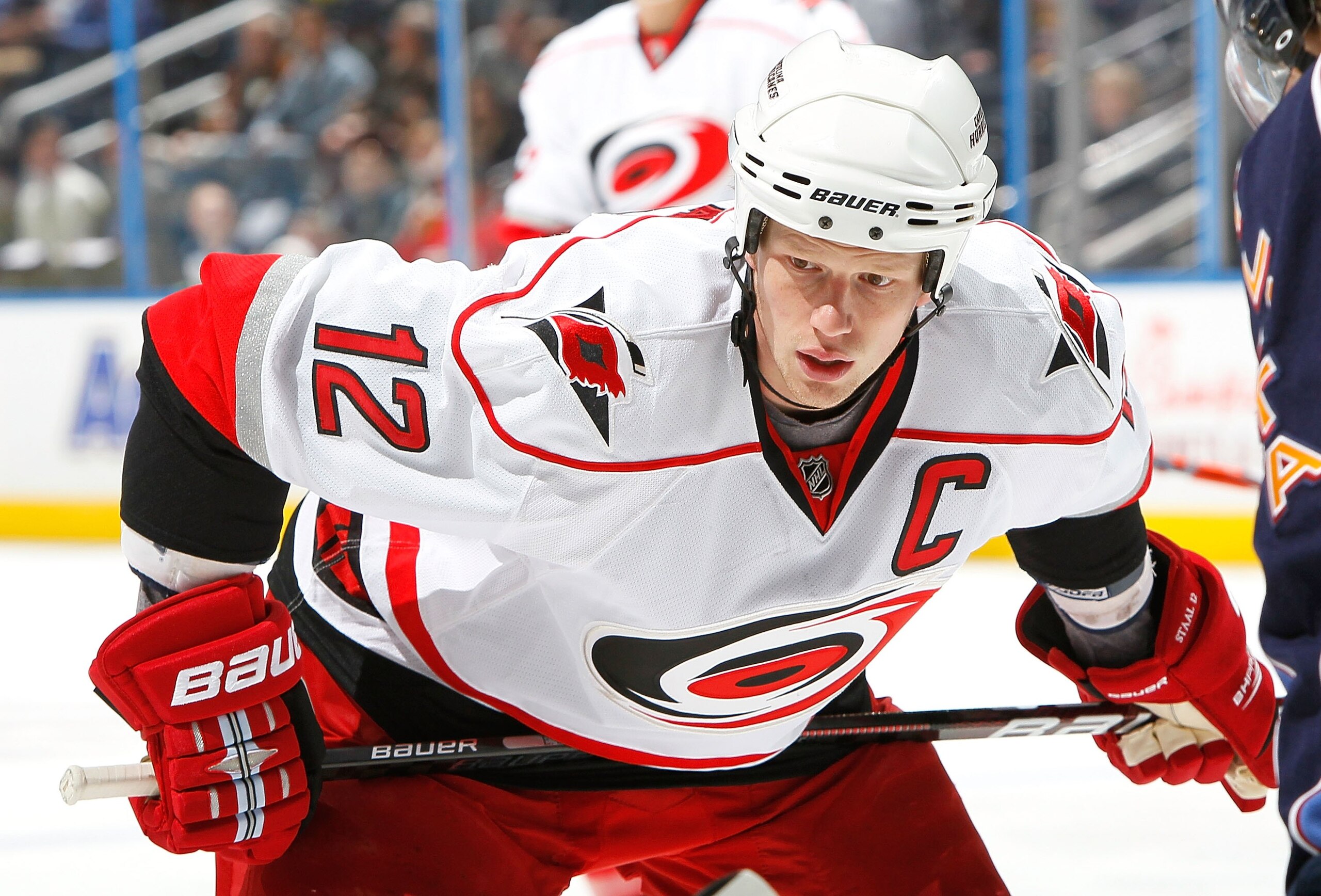ATLANTA - MARCH 29:  Eric Staal #12 of the Carolina Hurricanes against the Atlanta Thrashers at Philips Arena on March 29, 2010 in Atlanta, Georgia.  (Photo by Kevin C. Cox/Getty Images)