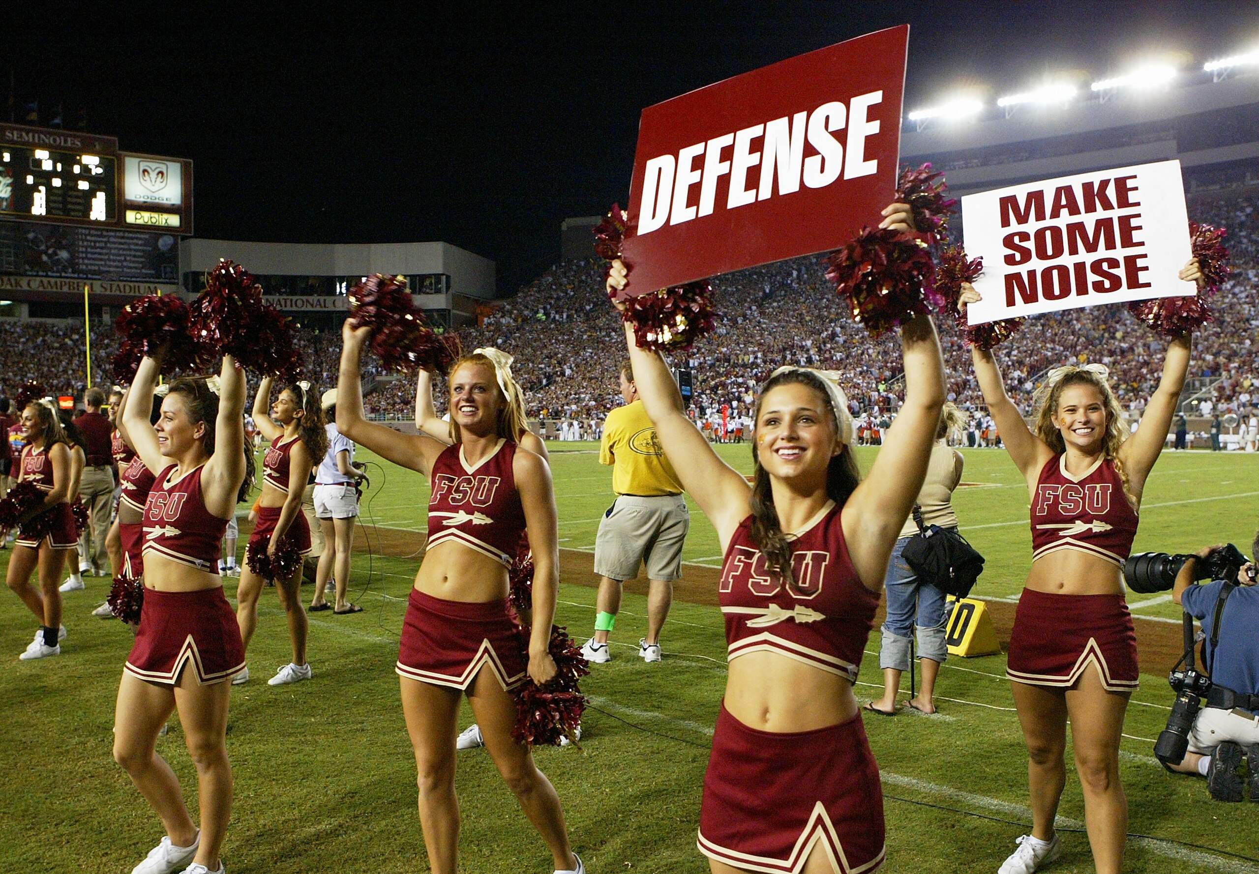 TALLAHASSEE, FL - SEPTEMBER 05: Cheerleaders of the Florida State Seminoles get the crowd to back their team against the Miami Hurricanes at Doak Campbell Stadium on September 5, 2005 in Tallahassee, Florida.  (Photo by Doug Benc/Getty Images)