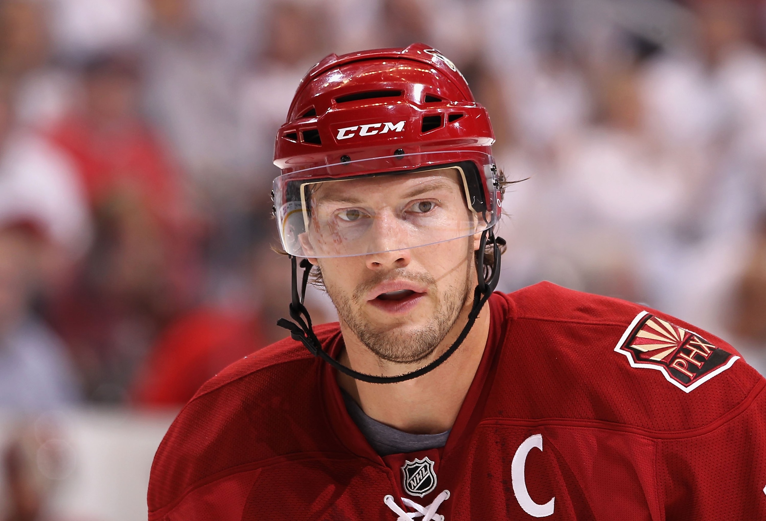 GLENDALE, AZ - APRIL 16:  Shane Doan #19 of the Phoenix Coyotes awaits a face off in Game Two of the Western Conference Quarterfinals against the Detroit Red Wings during the 2010 NHL Stanley Cup Playoffs at Jobing.com Arena on April 16, 2010 in Glendale,