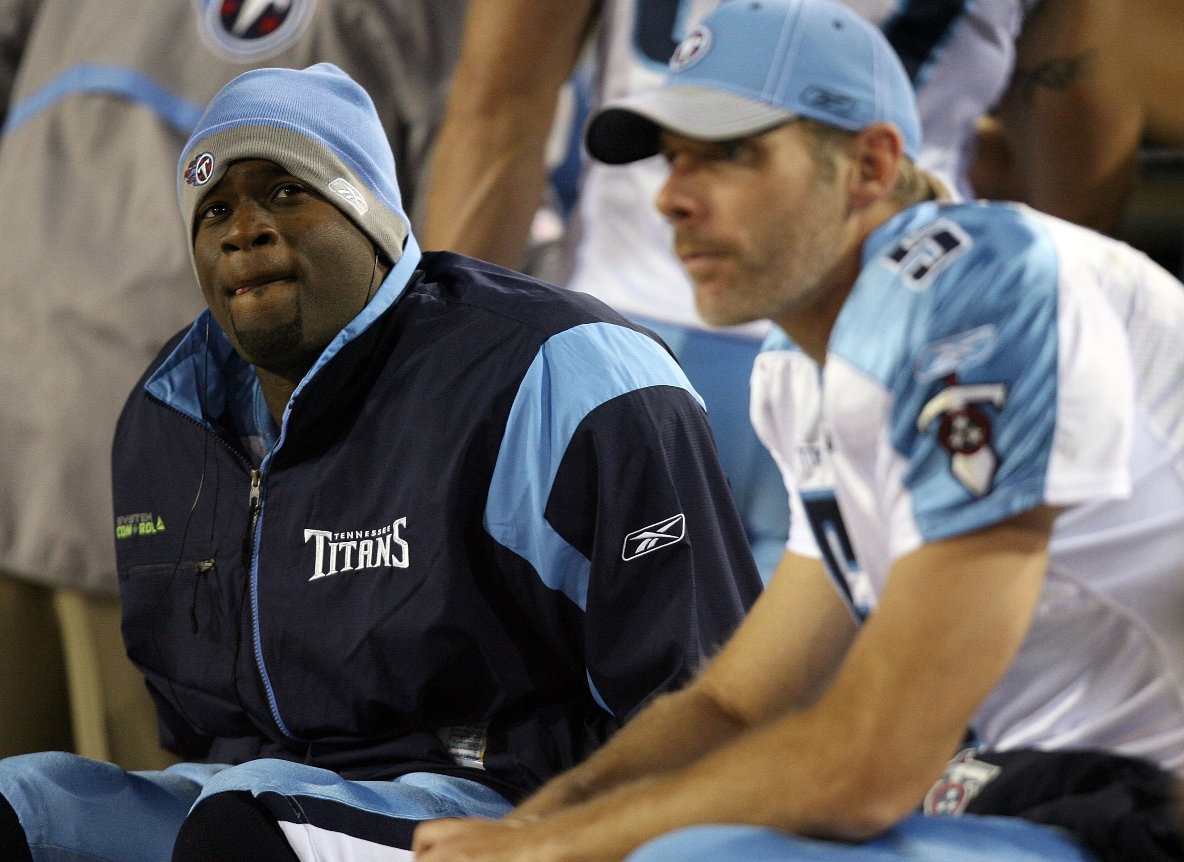 JACKSONVILLE, FL - NOVEMBER 16: Quarterbacks Kerry Collins #5 and Vince Young #10 of the Tennessee Titans talk on the sidelines in the second half while taking on the Jacksonville Jaguars at Jacksonville Municipal Stadium on November 16, 2008 in Jacksonv JACKSONVILLE, FL - NOVEMBER 16: Quarterbacks Kerry Collins #5 and Vince Young #10 of the Tennessee Titans talk on the sidelines in the second half while taking on the Jacksonville Jaguars at Jacksonville Municipal Stadium on November 16, 2008 in Jacksonv