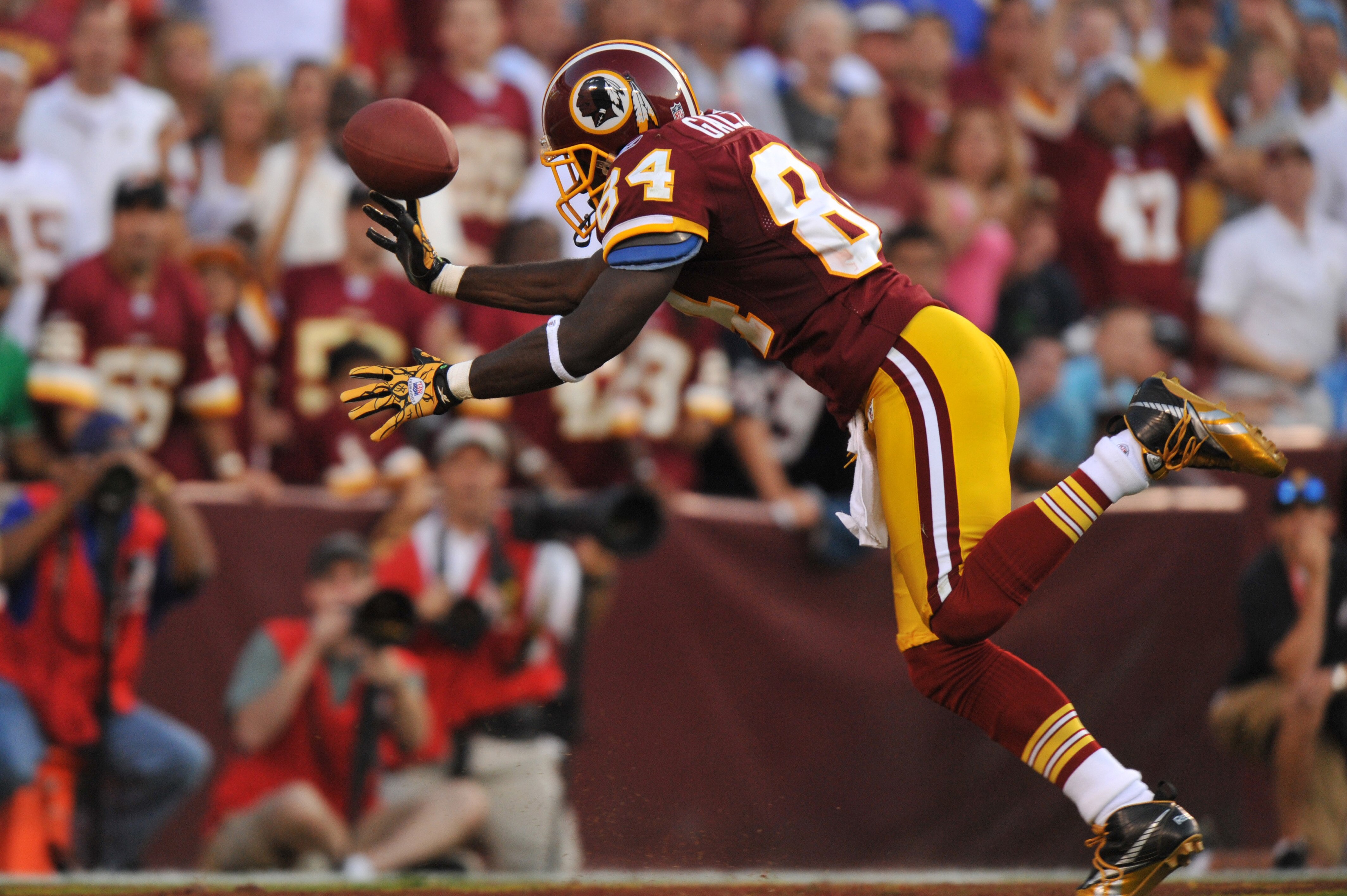 LANDOVER - SEPTEMBER 19:  Joey Galloway #84 of the Washington Redskins drops the ball in the endzone during the game against the Houston Texans at FedExField on September 19, 2010 in Landover, Maryland. The Texans defeated the Redskins 30-27 in overtime. 
