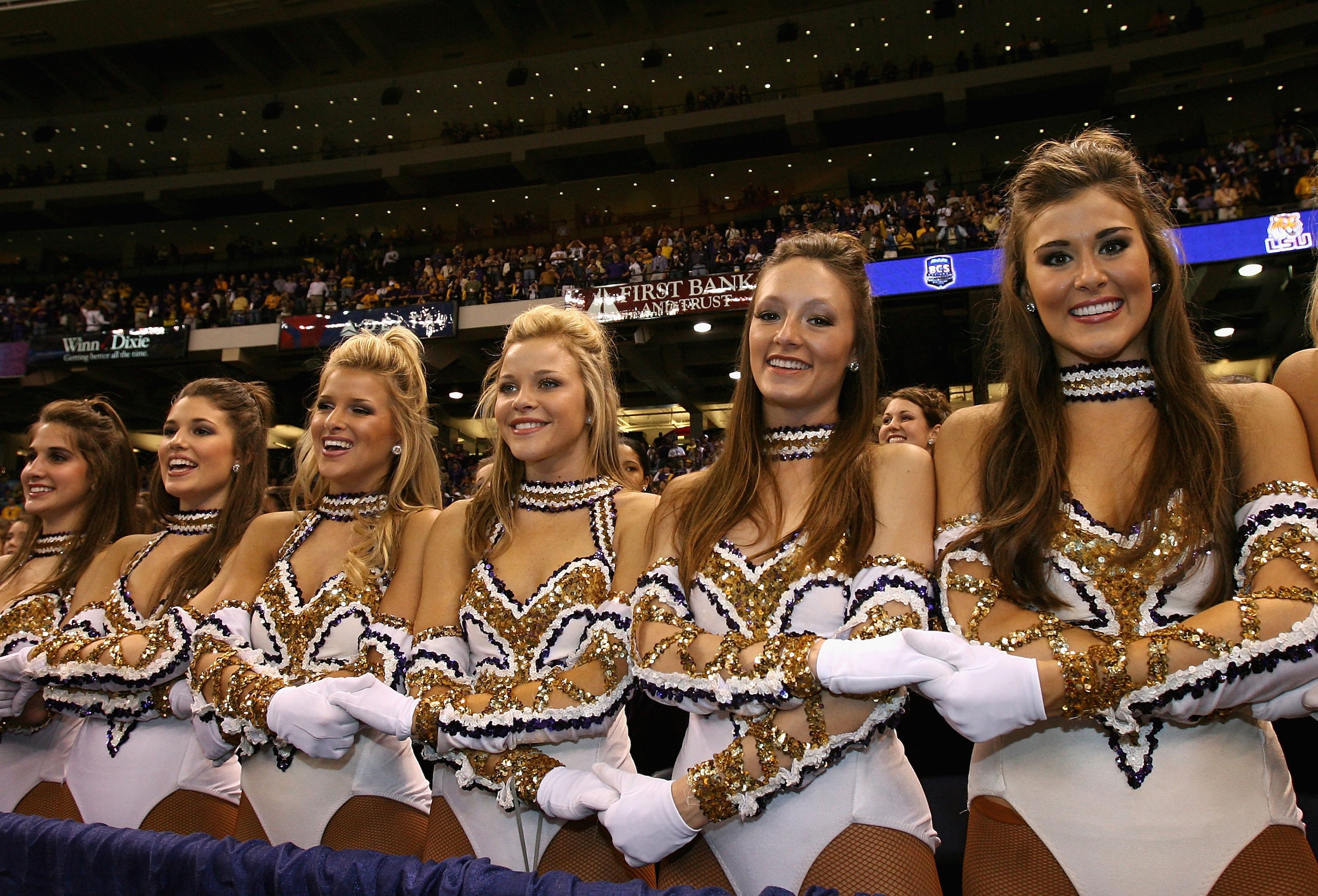 NEW ORLEANS - JANUARY 07:  The Louisiana State University Tigers golden girl cheerleaders pose during the AllState BCS National Championship against the Ohio State Buckeyes on January 7, 2008 at the Louisiana Superdome in New Orleans, Louisiana.  (Photo b