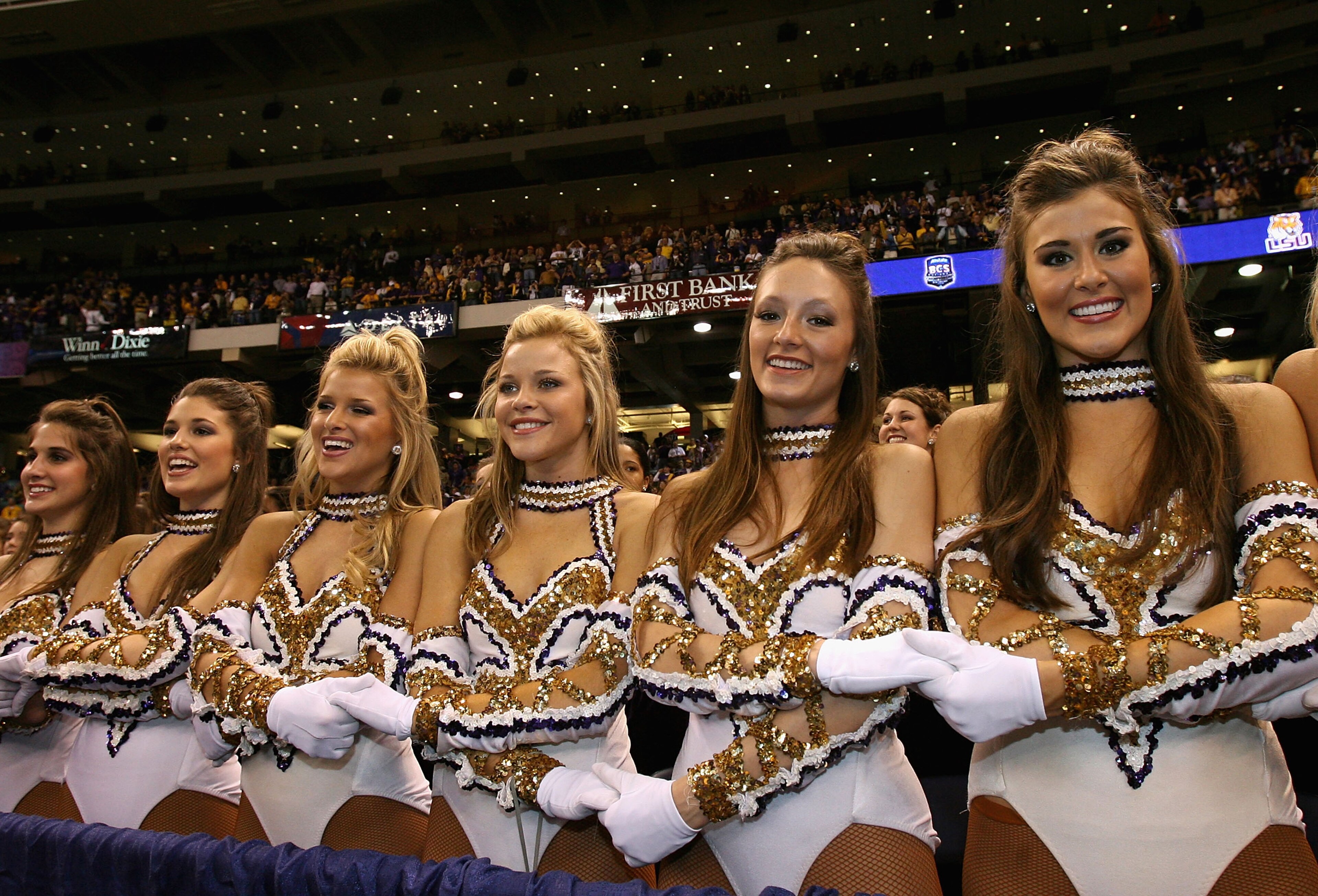 NEW ORLEANS - JANUARY 07:  The Louisiana State University Tigers golden girl cheerleaders pose during the AllState BCS National Championship against the Ohio State Buckeyes on January 7, 2008 at the Louisiana Superdome in New Orleans, Louisiana.  (Photo b
