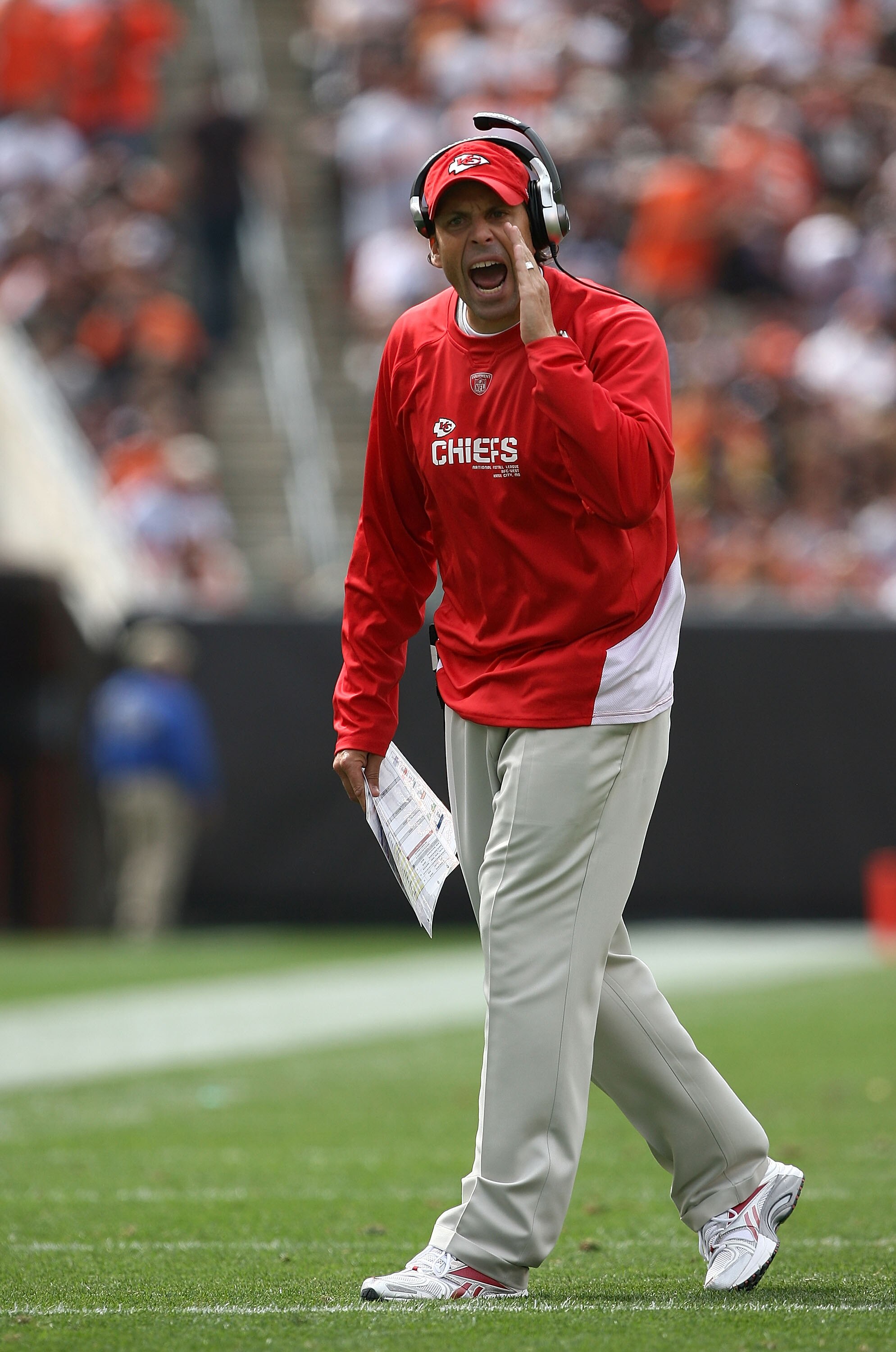 CLEVELAND - SEPTEMBER 19:  Head Coach Todd Haley of the Kansas City Chiefs yells to his players against the Cleveland Browns at Cleveland Browns Stadium on September 19, 2010 in Cleveland, Ohio.  (Photo by Matt Sullivan/Getty Images)