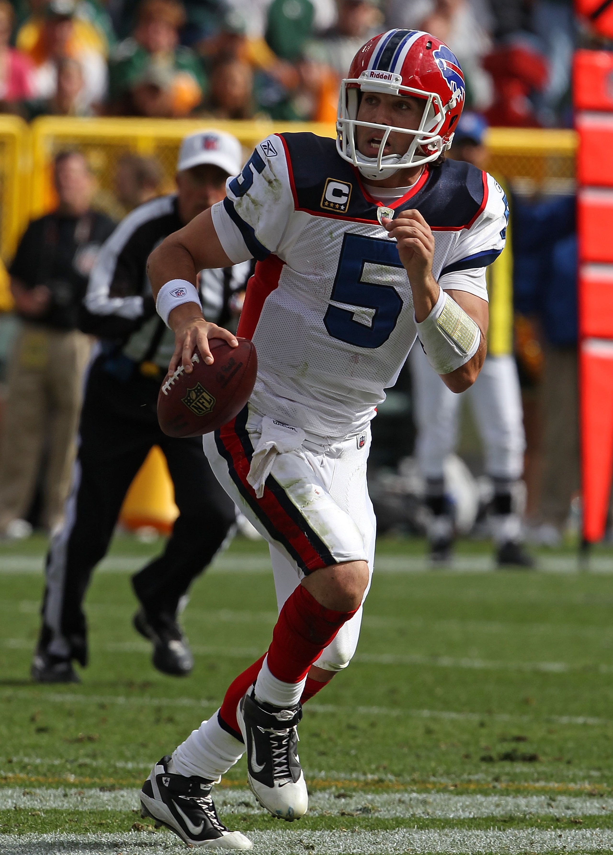 GREEN BAY, WI - SEPTEMBER 19: Trent Edwards #5 of the Buffalo Bills rolls out to look for a receiver against the Green Bay Packers at Lambeau Field on September 19, 2010 in Green Bay, Wisconsin. The Packers defeated the Bills 34-7. (Photo by Jonathan Dani GREEN BAY, WI - SEPTEMBER 19: Trent Edwards #5 of the Buffalo Bills rolls out to look for a receiver against the Green Bay Packers at Lambeau Field on September 19, 2010 in Green Bay, Wisconsin. The Packers defeated the Bills 34-7. (Photo by Jonathan Dani