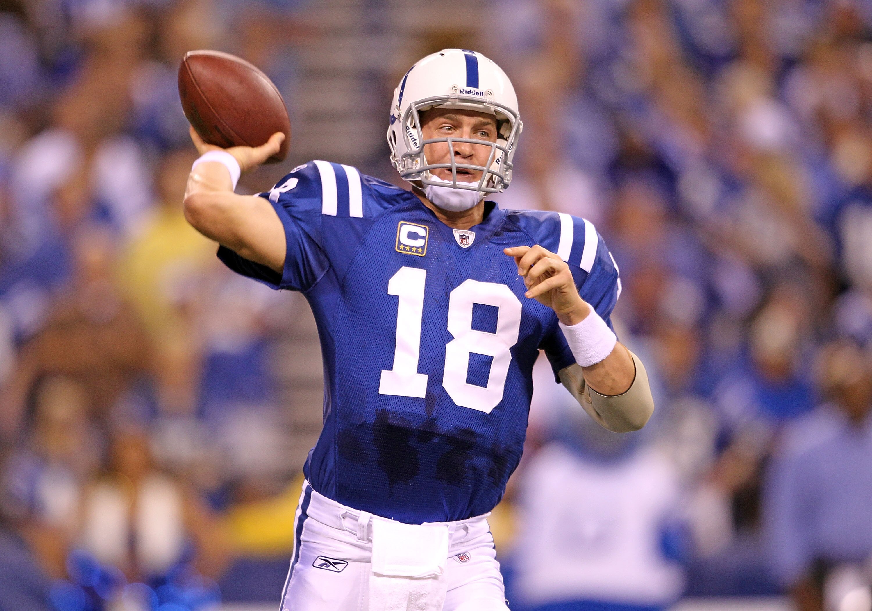 INDIANAPOLIS - SEPTEMBER 19:  Peyton Manning #18 of the Indianapolis Colts throws a pass during  the NFL game against the New York Giants  at Lucas Oil Stadium on September 19, 2010 in Indianapolis, Indiana.  (Photo by Andy Lyons/Getty Images)