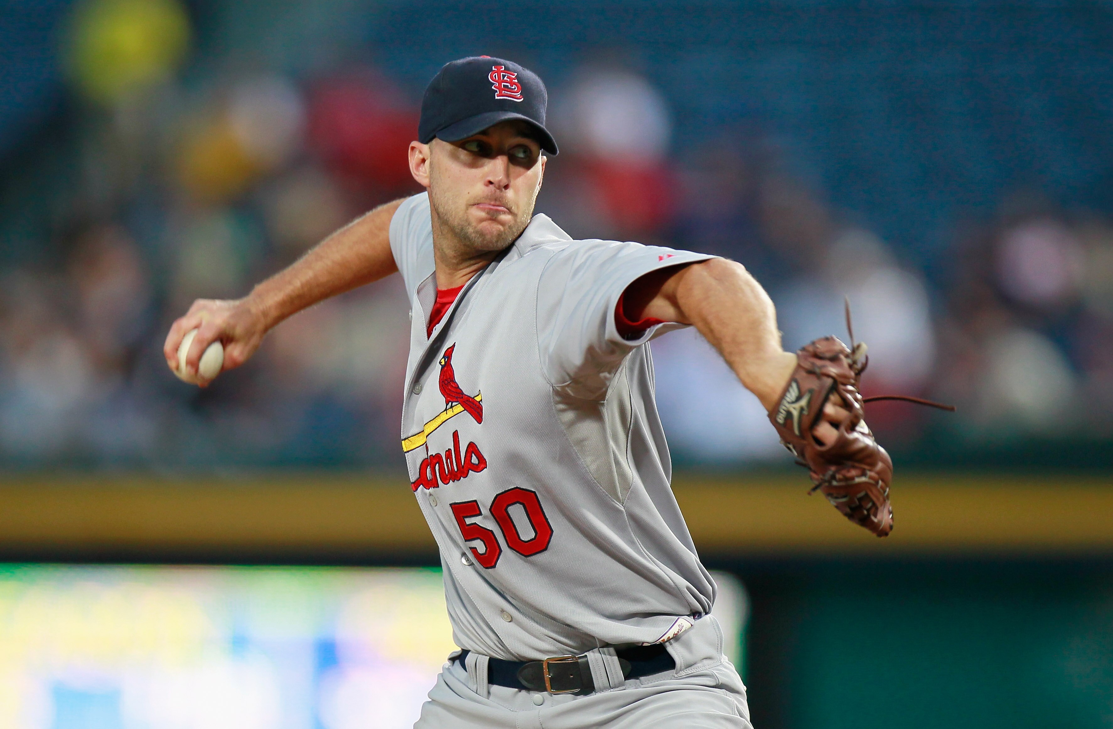 ATLANTA - SEPTEMBER 09:  Starting pitcher Adam Wainwright #50 of the St. Louis Cardinals pitches to the Atlanta Braves at Turner Field on September 9, 2010 in Atlanta, Georgia.  (Photo by Kevin C. Cox/Getty Images)