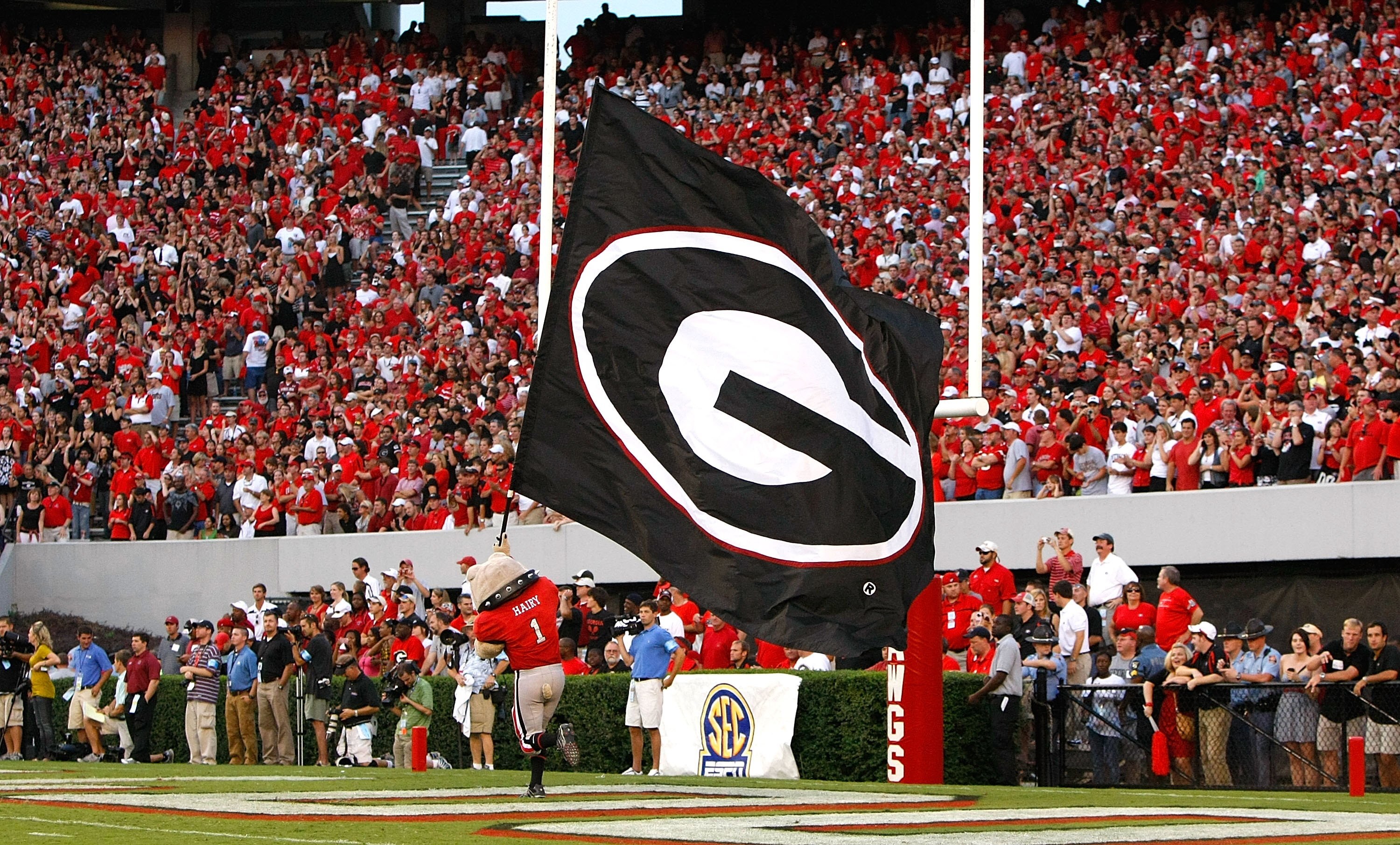 ATHENS, GA - SEPTEMBER 12:  Hairy, the mascot of the Georgia Bulldogs, runs the end zone with a giant flag against the South Carolina Gamecocks at Sanford Stadium on September 12, 2009 in Athens, Georgia.  (Photo by Kevin C. Cox/Getty Images)