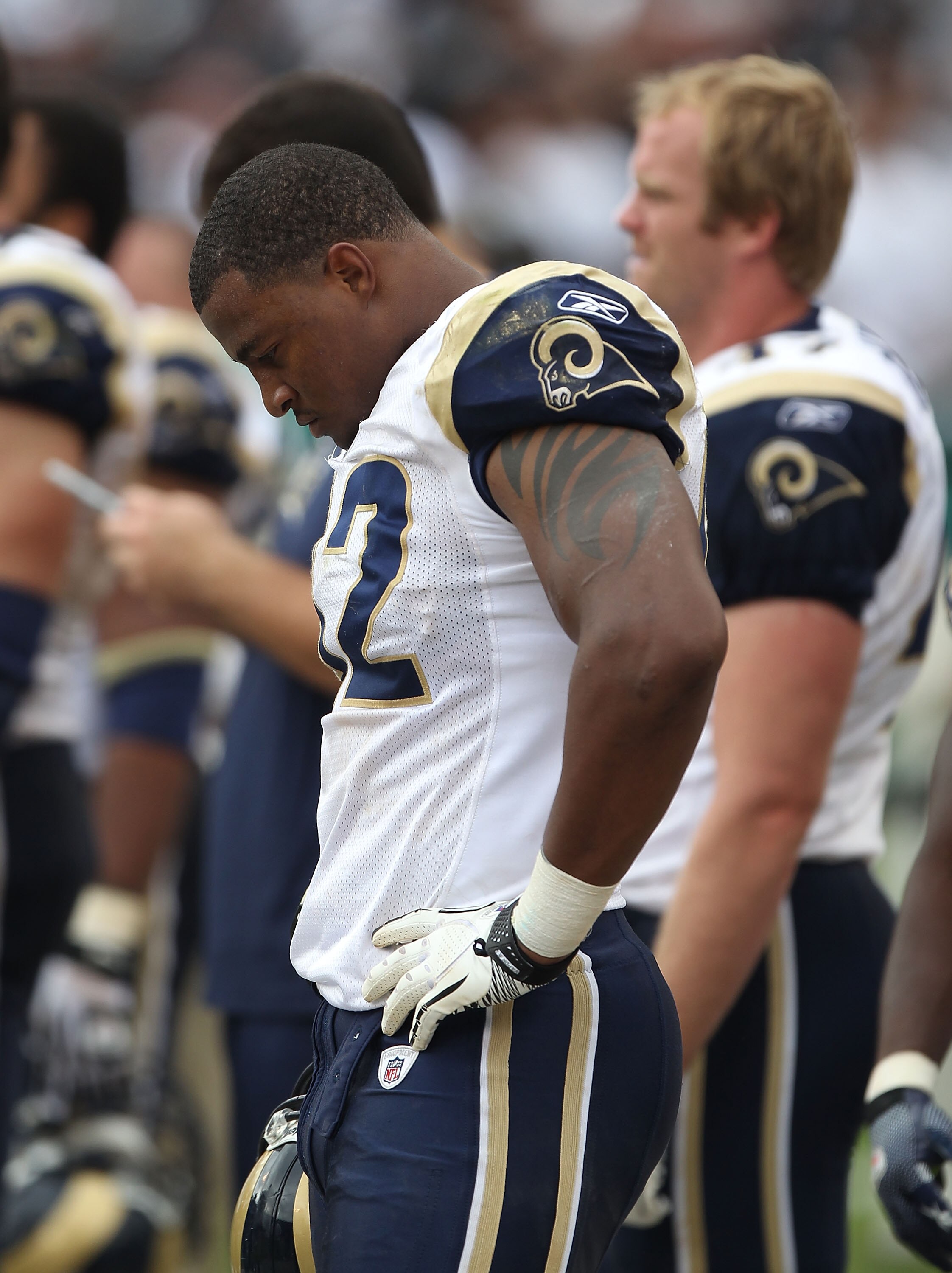 OAKLAND, CA - SEPTEMBER 19:  Eugene Sims #92 of the St. Louis Rams looks on against the Oakland Raiders during an NFL game at Oakland-Alameda County Coliseum on September 19, 2010 in Oakland, California.  (Photo by Jed Jacobsohn/Getty Images)