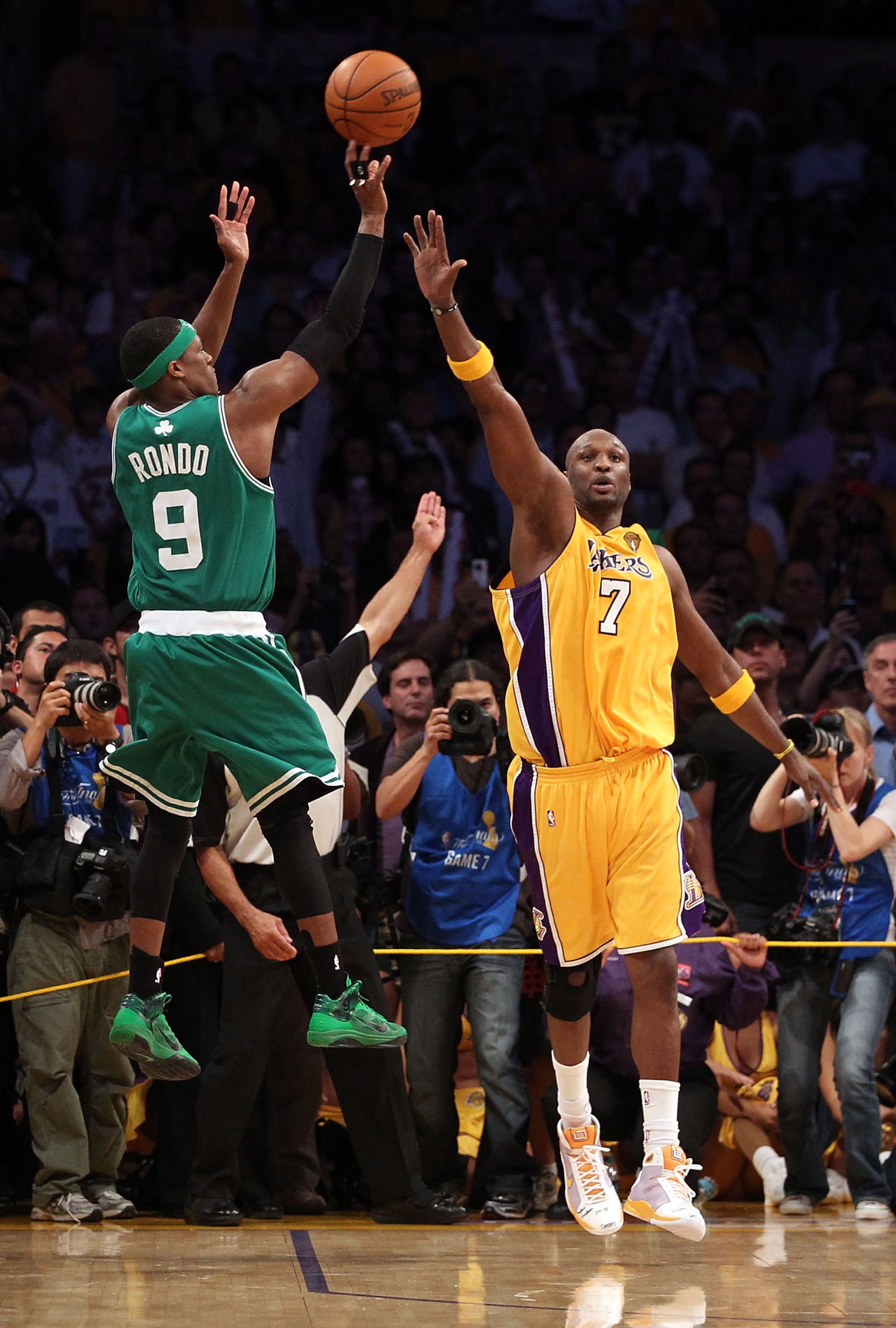 LOS ANGELES, CA - JUNE 17: Rajon Rondo #9 of the Boston Celtics shoots a three-pointer in the final seconds over Lamar Odom #7 of the Los Angeles Lakers before the Celtics loss to the Los Angeles Lakers in Game Seven of the 2010 NBA Finals at Staples Cen LOS ANGELES, CA - JUNE 17: Rajon Rondo #9 of the Boston Celtics shoots a three-pointer in the final seconds over Lamar Odom #7 of the Los Angeles Lakers before the Celtics loss to the Los Angeles Lakers in Game Seven of the 2010 NBA Finals at Staples Cen
