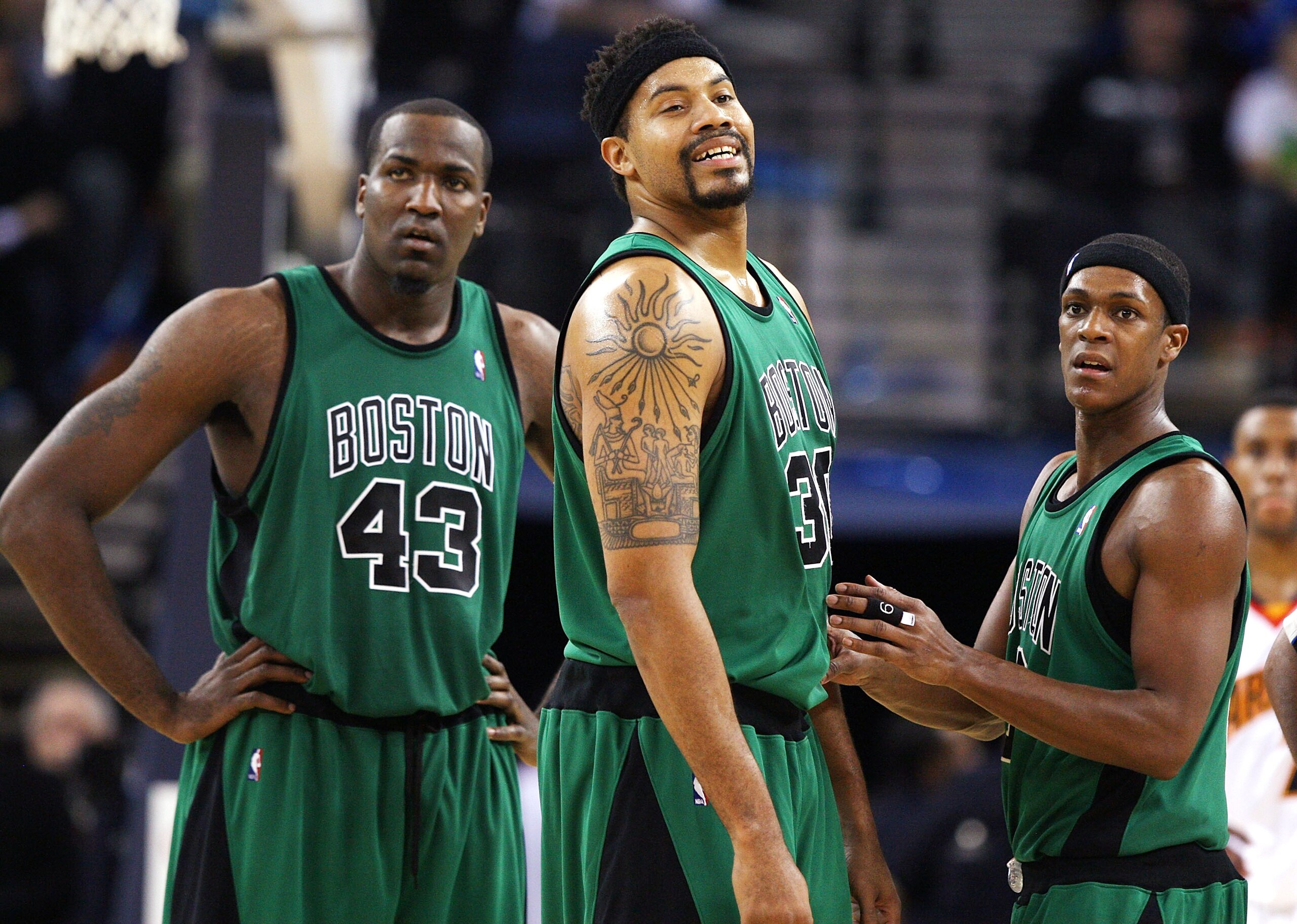 OAKLAND, CA - DECEMBER 28: Rasheed Wallace #30 of the Boston Celtics looks on with teammates Kendrick Perkins #43 and Rajon Rondo #9 against the Golden State Warriors during an NBA game at Oracle Arena on December 28, 2009 in Oakland, California. NOTE TO OAKLAND, CA - DECEMBER 28: Rasheed Wallace #30 of the Boston Celtics looks on with teammates Kendrick Perkins #43 and Rajon Rondo #9 against the Golden State Warriors during an NBA game at Oracle Arena on December 28, 2009 in Oakland, California. NOTE TO