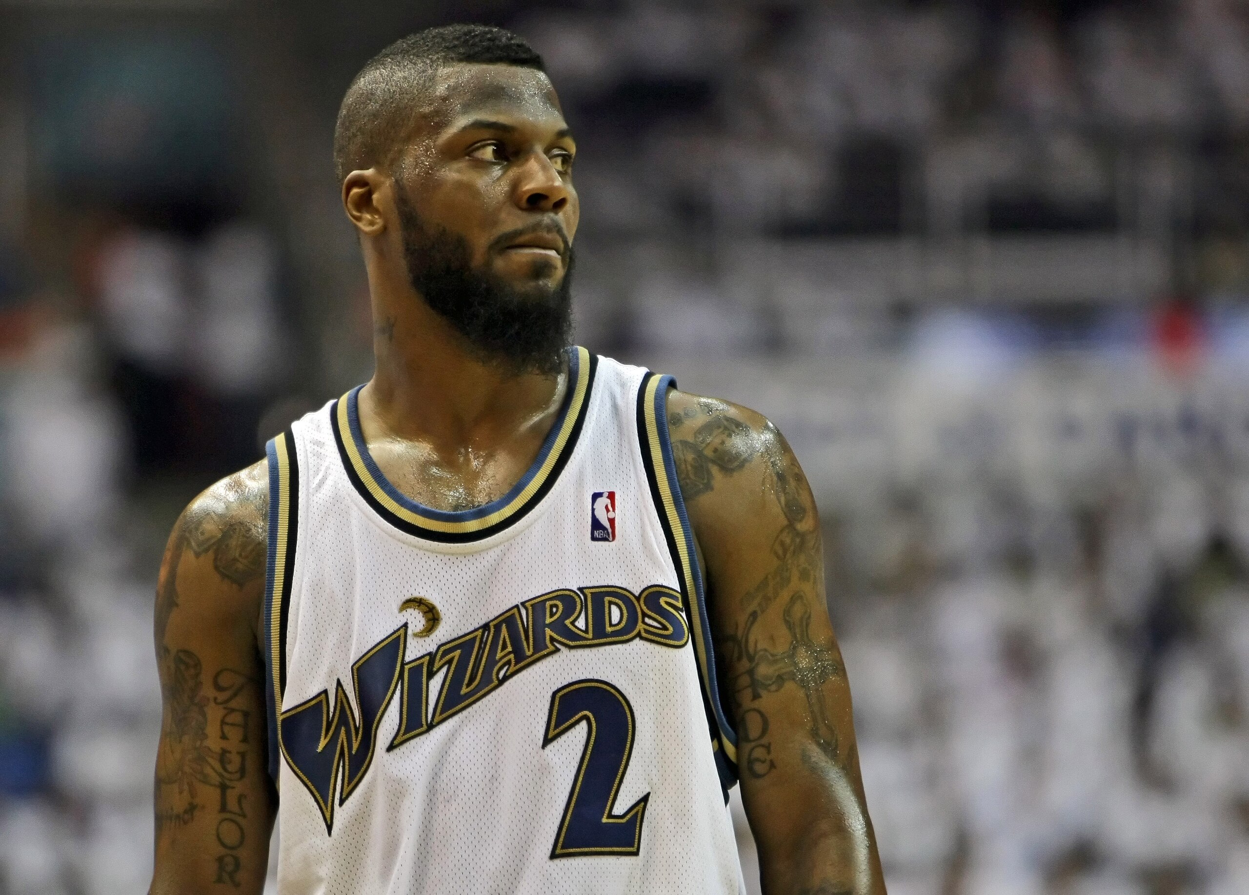 WASHINGTON - MAY 2: DeShawn Stevenson #2 of the Washington Wizards looks towards the sideline during the game against the Cleveland Cavaliers in Game Six of the Eastern Conference Quarterfinals during the 2008 NBA Playoffs at the Verizon Center on May 2, 