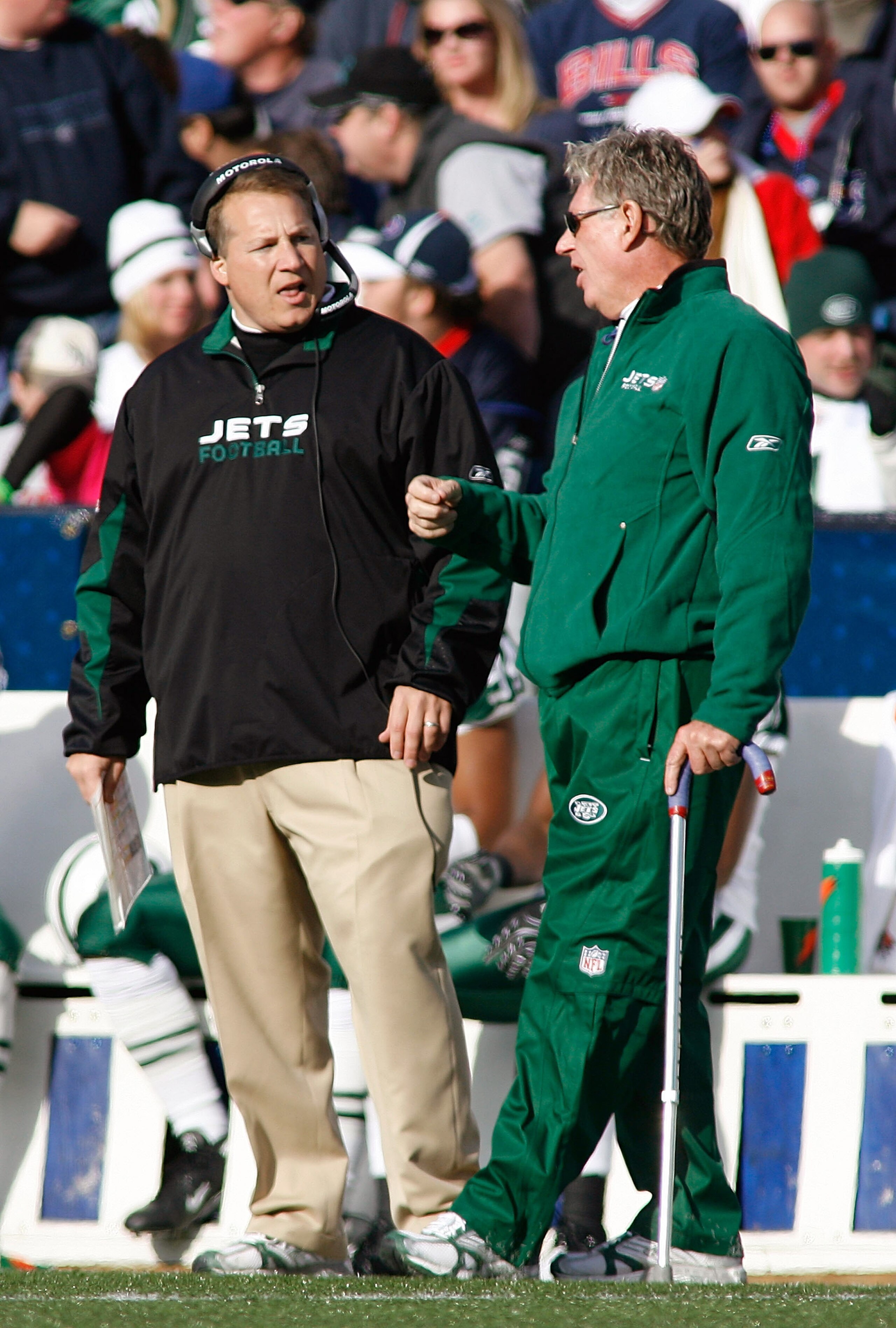 ORCHARD PARK, NY - NOVEMBER 02: Eric Mangini, head coach and Mike Westhoff, special teams coach of the New York Jets talk on the sidelines against the Buffalo Bills on November 2, 2008 at Ralph Wilson Stadium in Orchard Park, New York. New York won 26-17. ORCHARD PARK, NY - NOVEMBER 02: Eric Mangini, head coach and Mike Westhoff, special teams coach of the New York Jets talk on the sidelines against the Buffalo Bills on November 2, 2008 at Ralph Wilson Stadium in Orchard Park, New York. New York won 26-17.