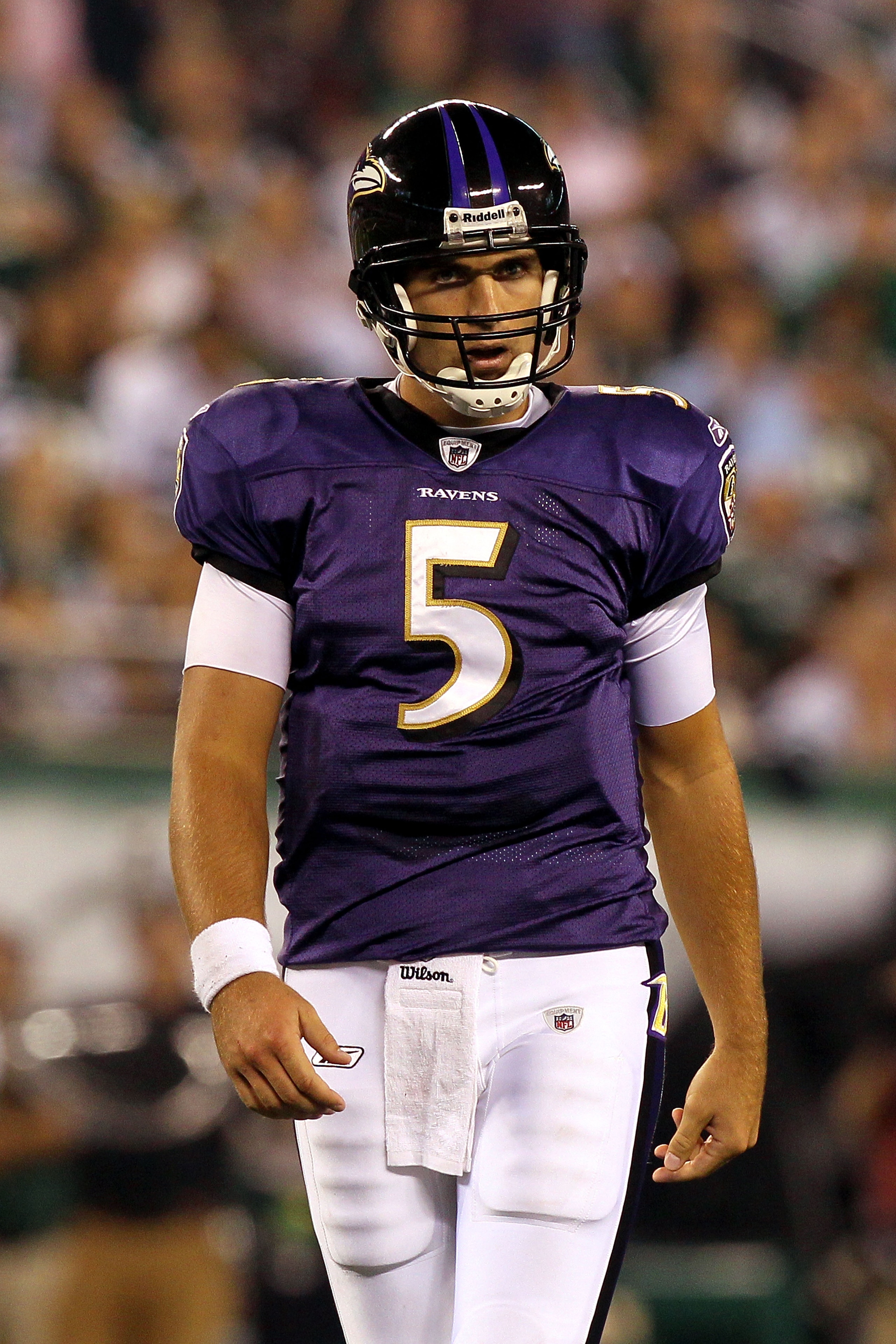 EAST RUTHERFORD, NJ - SEPTEMBER 13:  Joe Flacco #5 of the Baltimore Ravens looks on against the New York Jets during the home opener at the New Meadowlands Stadium on September 13, 2010 in East Rutherford, New Jersey.  (Photo by Jim McIsaac/Getty Images)