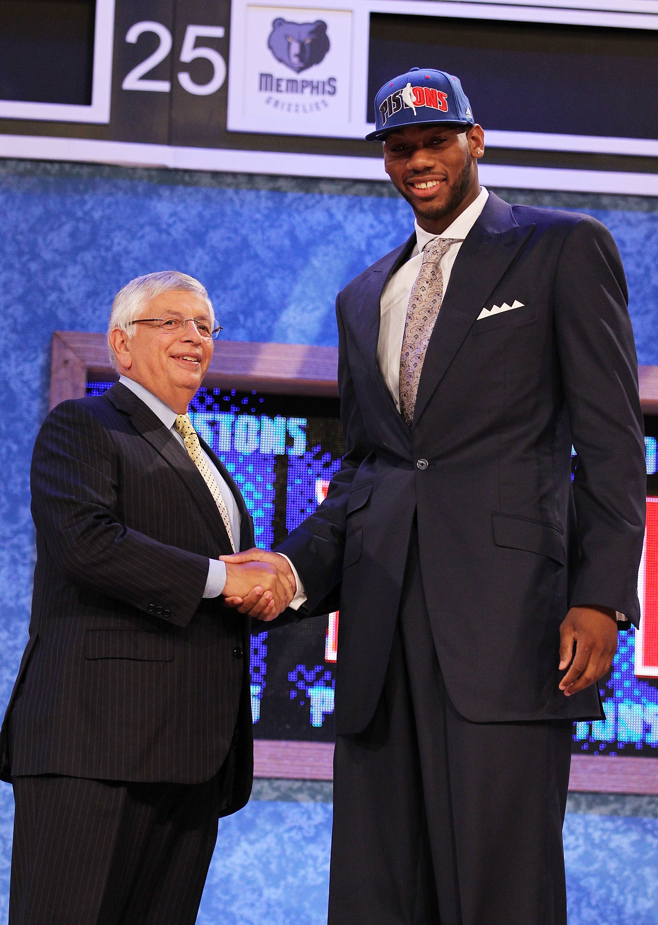 NEW YORK - JUNE 24:  Gregory Monroe stands with NBA Commisioner David Stern after being drafted seventh by  the Detoit Pistons at Madison Square Garden on June 24, 2010 in New York, New York City.  NOTE TO USER: User expressly acknowledges and agrees that