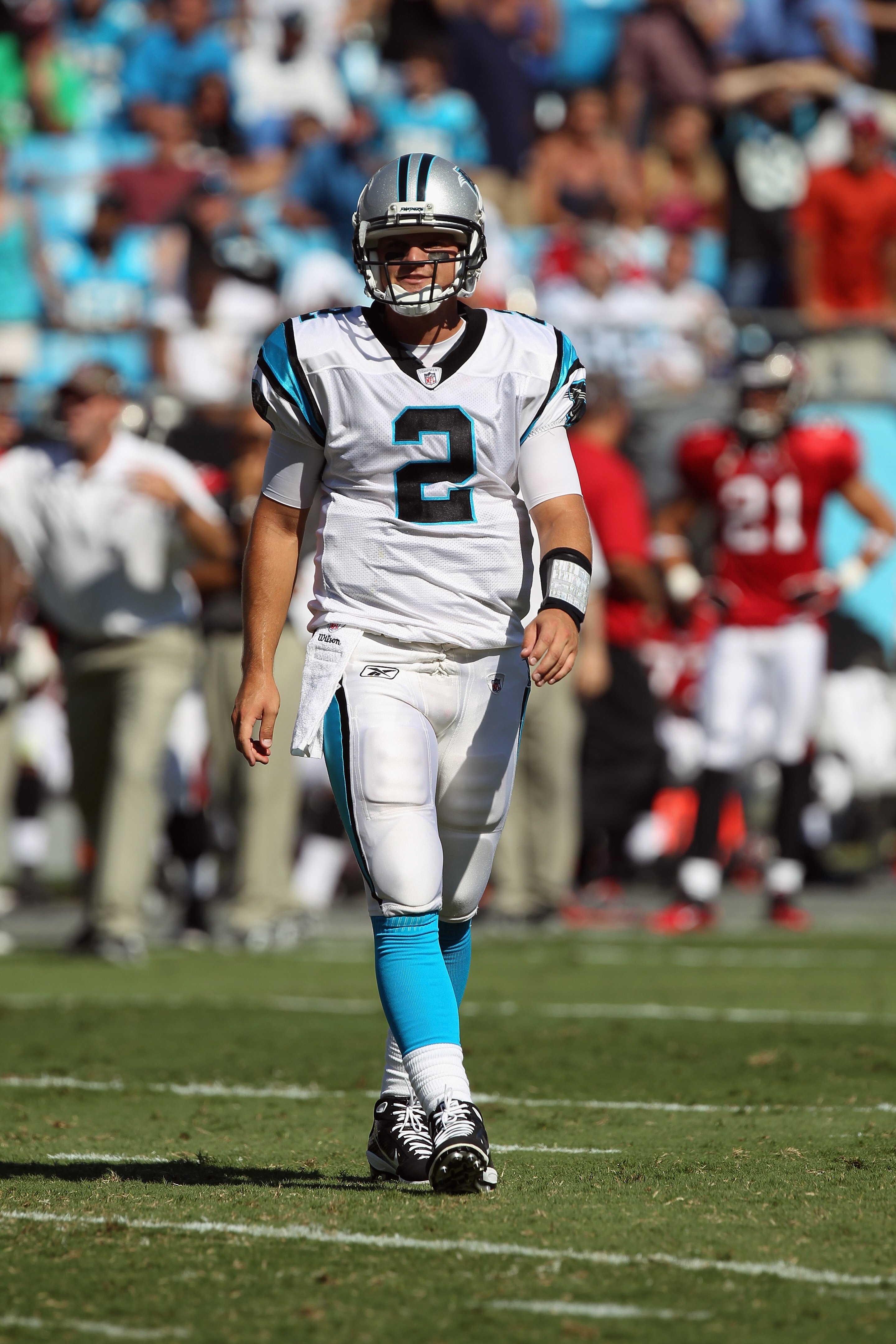 CHARLOTTE, NC - SEPTEMBER 19:  Jimmy Clausen #2 of the Carolina Panthers against the Tampa Bay Buccaneers during their game at Bank of America Stadium on September 19, 2010 in Charlotte, North Carolina.  (Photo by Streeter Lecka/Getty Images)