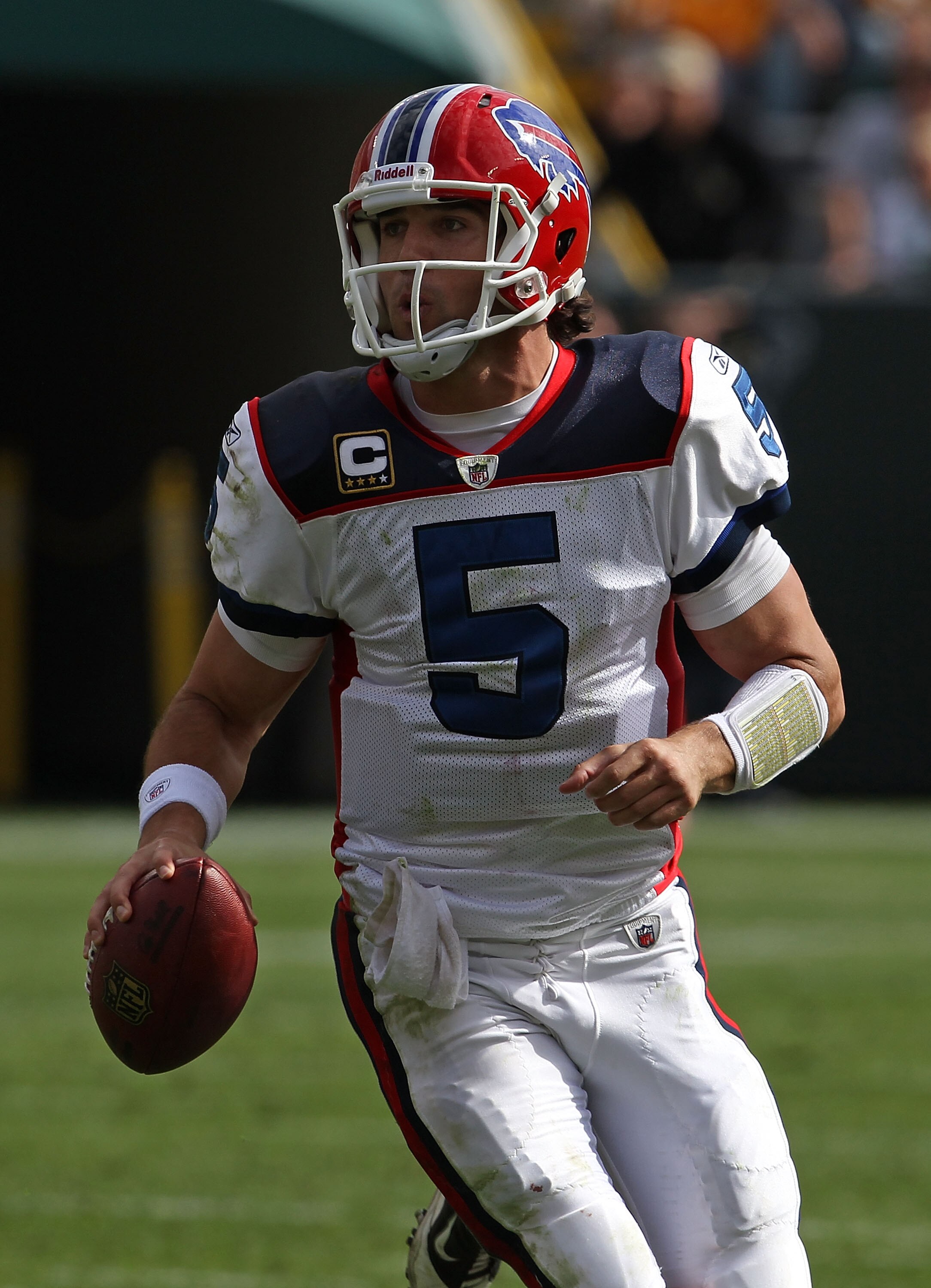 GREEN BAY, WI - SEPTEMBER 19: Trent Edwards #5 of the Buffalo Bills rolls out to look for a receiver against the Green Bay Packers at Lambeau Field on September 19, 2010 in Green Bay, Wisconsin. The Packers defeated the Bills 34-7. (Photo by Jonathan Dani