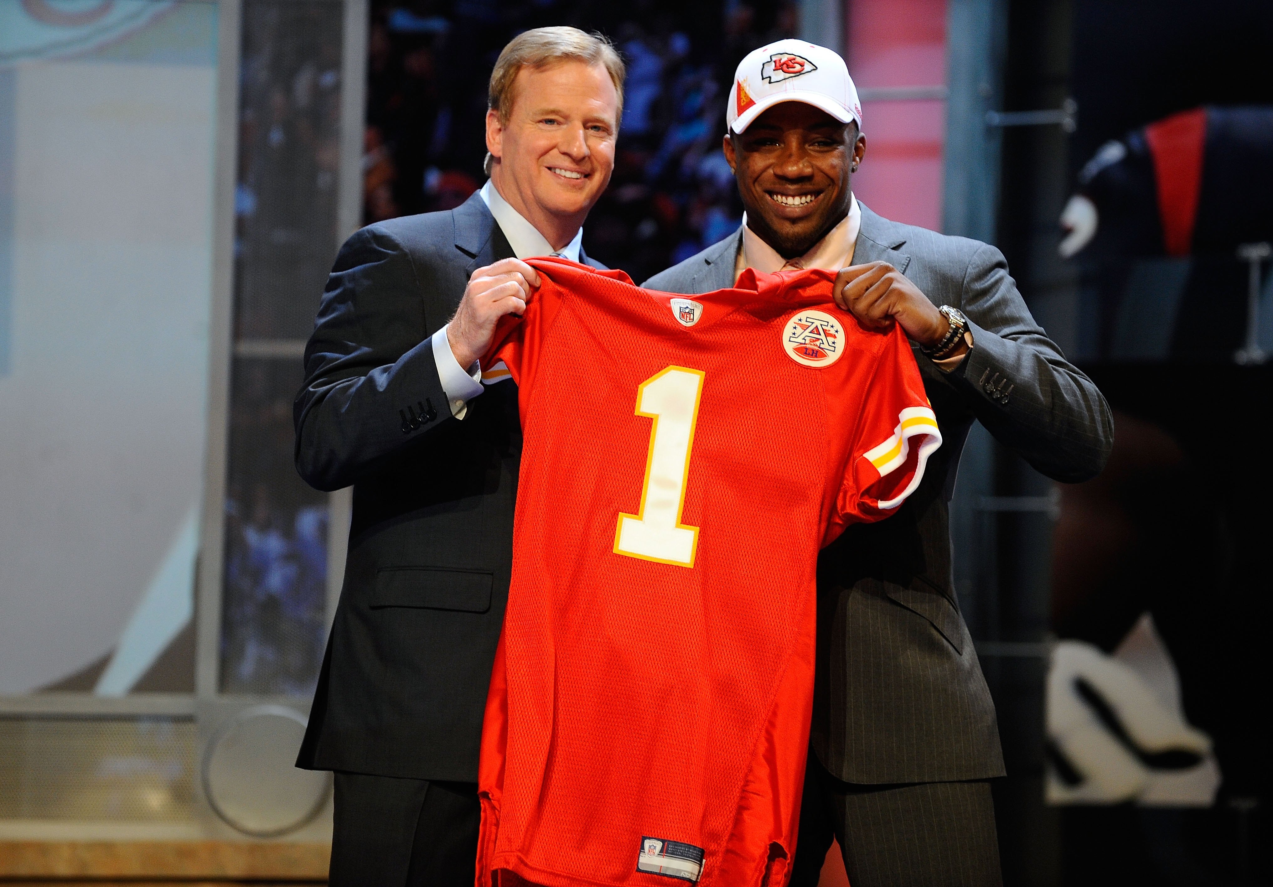NEW YORK - APRIL 22:  Eric Berry (R) from the Tennessee Volunteers poses with NFL Commissioner Roger Goodell as they hold a Kansas City Chiefs jersey after Chiefs selected Berry number 5 overall in the first round of the 2010 NFL Draft at Radio City Music